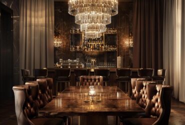 Elegancki stół orzechowy z tapicerowanymi krzesłami w kolorze brązowym