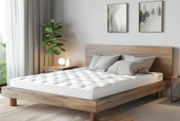 Biały materac termoelastyczny pikowany na drewnianym łóżku