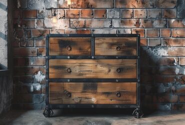 Industrialna komoda drewniana z metalową ramą i okrągłymi uchwytami