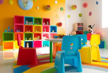 Kolorowe meble plastikowe dziecięce krzesła i regał modułowy