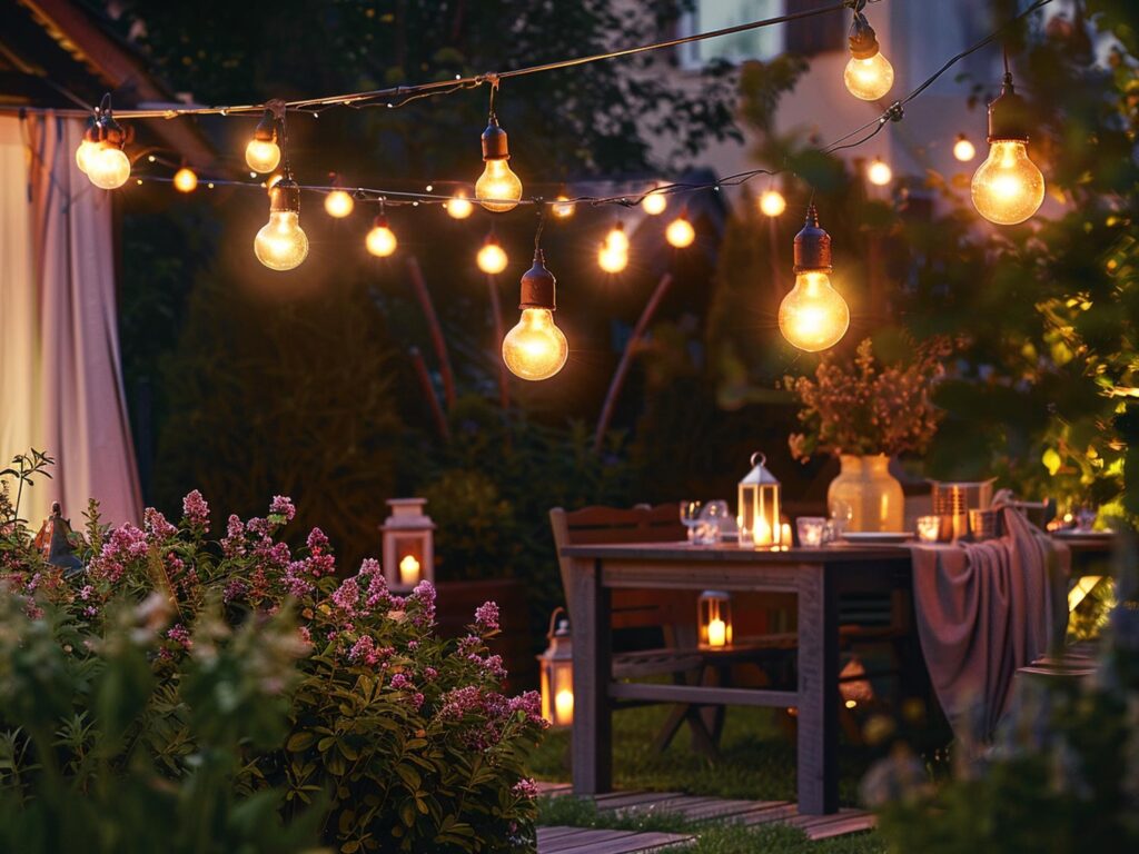 Dekoracyjne girlandy świetlne ogrodowe z ciepłymi żarówkami