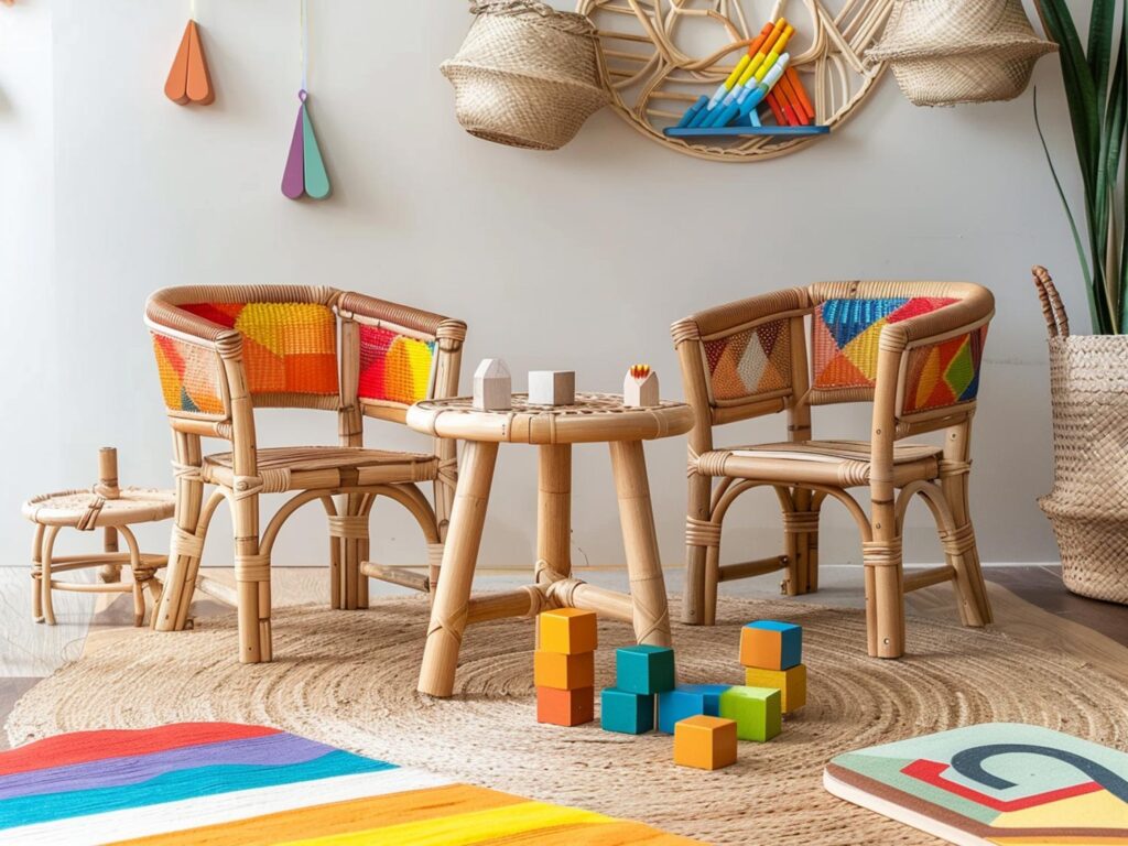 Dziecięcy zestaw rattanowy stolik z dwoma kolorowymi krzesełkami