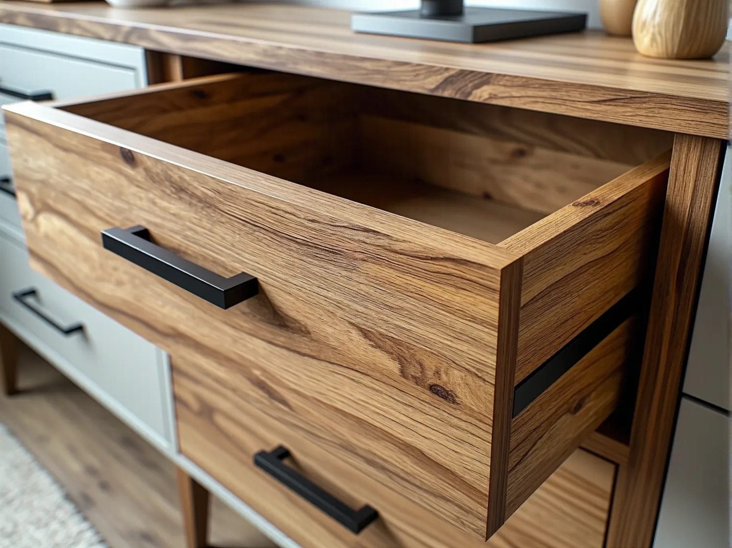 Zbliżenie na pędzel nakładający bezbarwny lakier wodny na surową, drewnianą powierzchnię mebla.