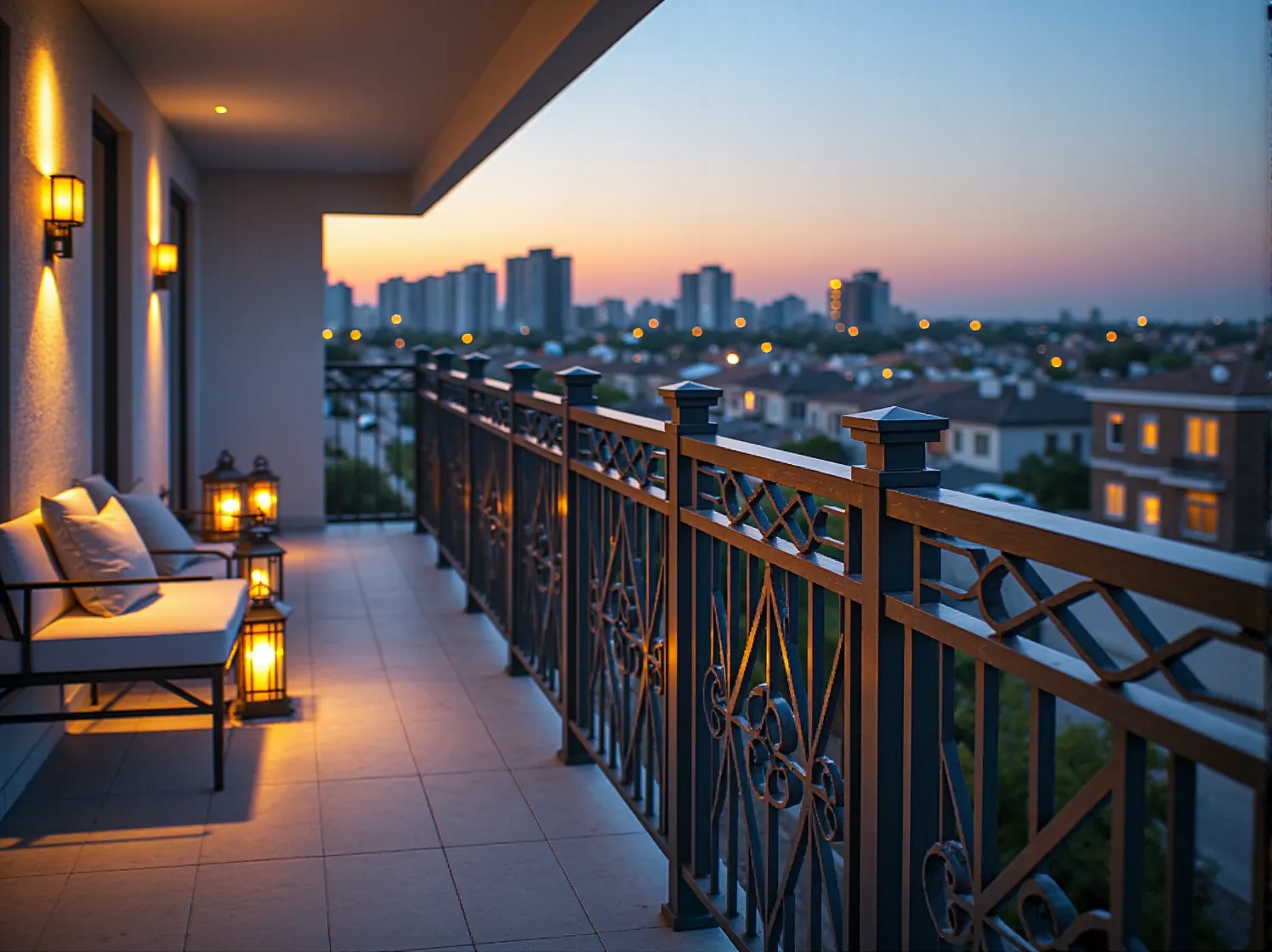 Nowoczesna aranżacja balkonu art deco z luksusowym zestawem wypoczynkowym i oświetleniem.