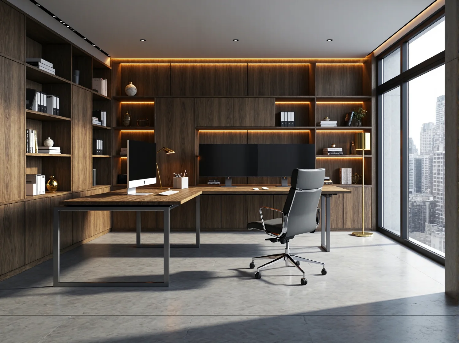 Nowoczesne biurko ergonomiczne w ciemnym wnętrzu glamour z welurowym fotelem i srebrnymi dodatkami.