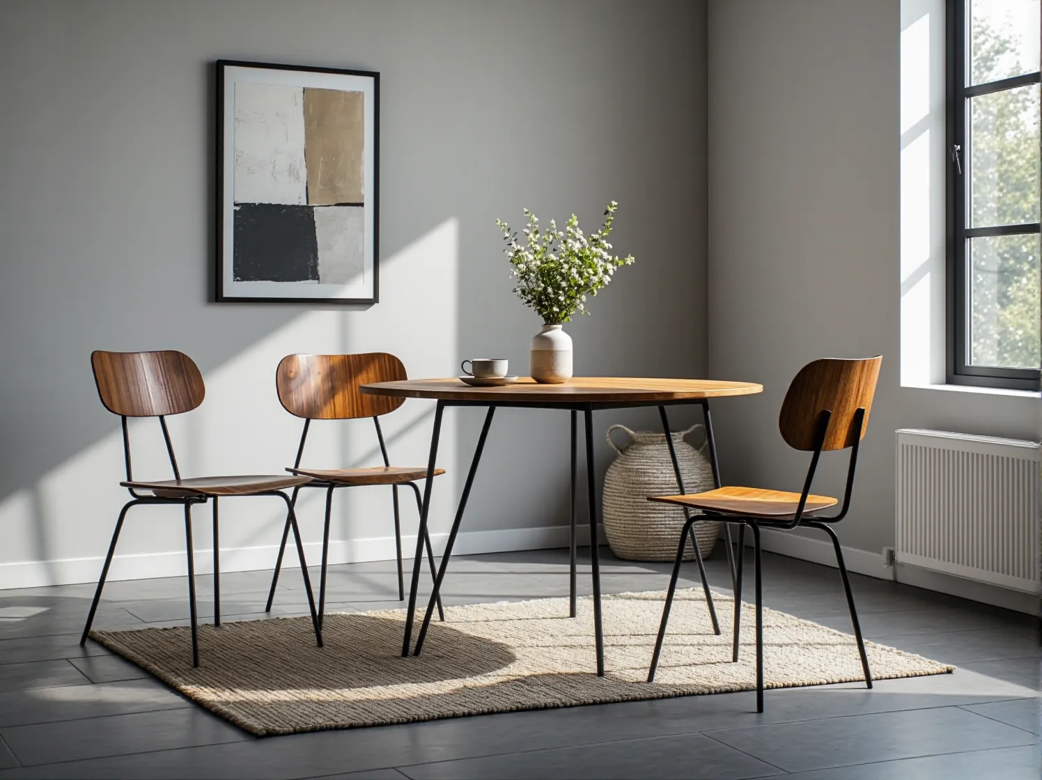 Aranżacja jadalni ze stołem w stylu industrialnym, otoczonym czarnymi krzesłami na tle betonowej ściany.