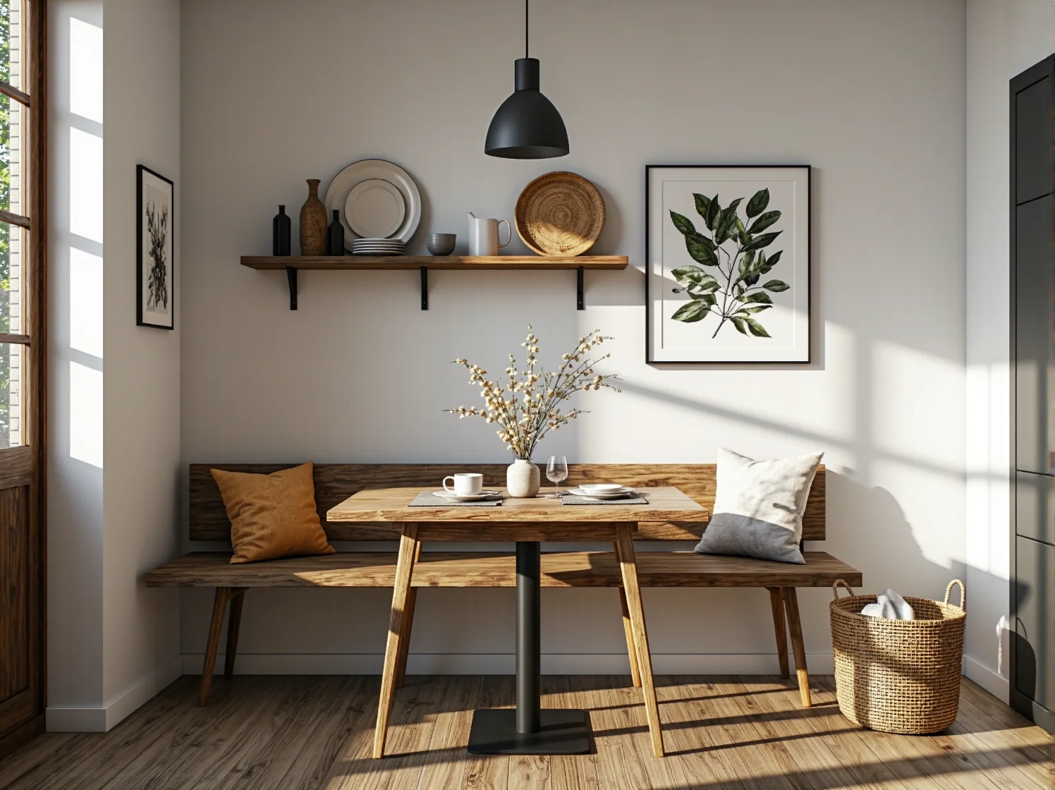 Aranżacja kącika jadalnianego w stylu rustykalnym z naturalnymi dodatkami w mieszkaniu.