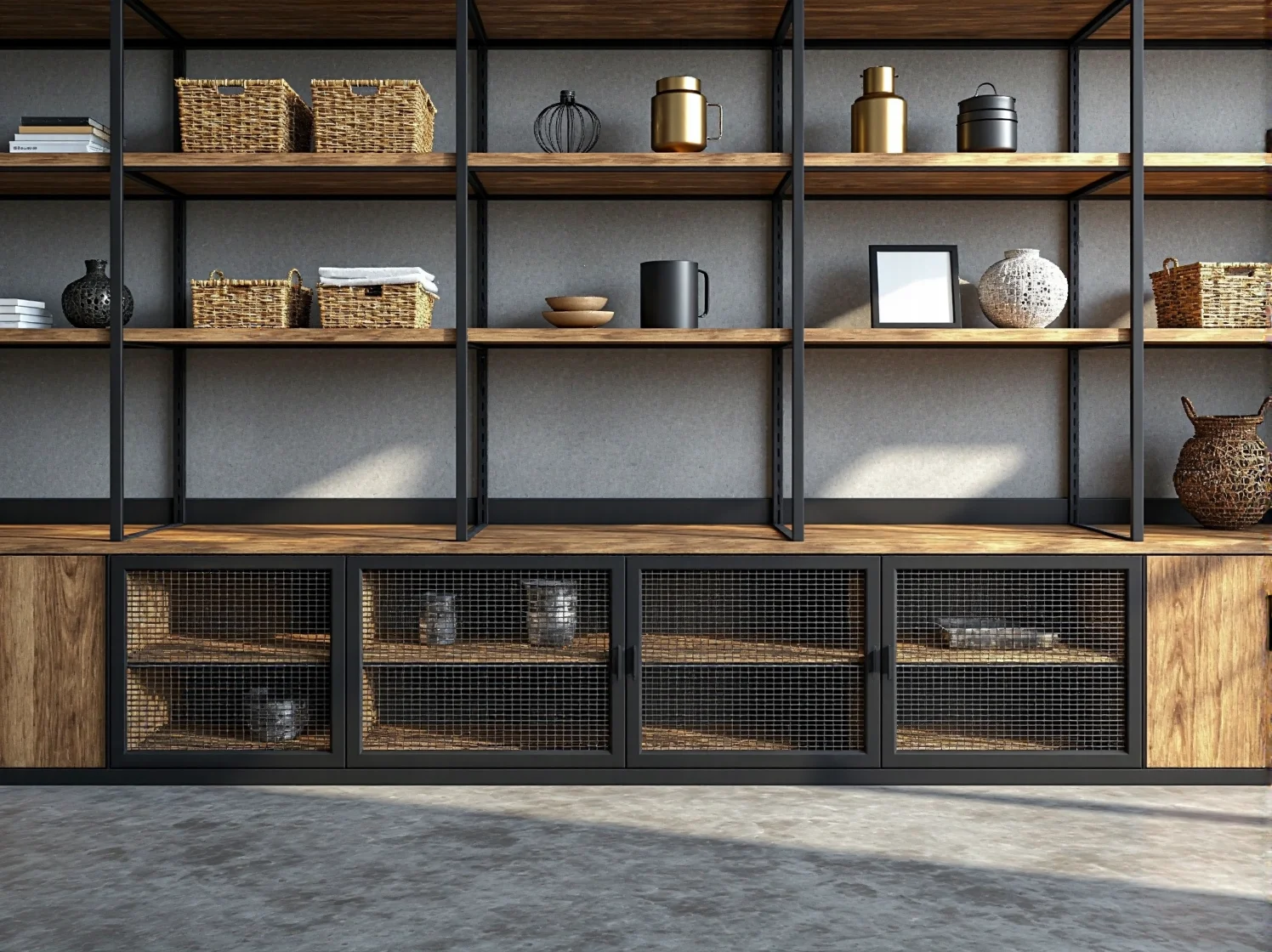 Zestaw regałów modułowych industrialnych tworzący praktyczną ściankę w domowym biurze.