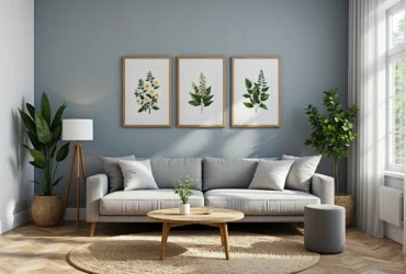 Szara sofa trzyosobowa na drewnianych nogach z poduszkami