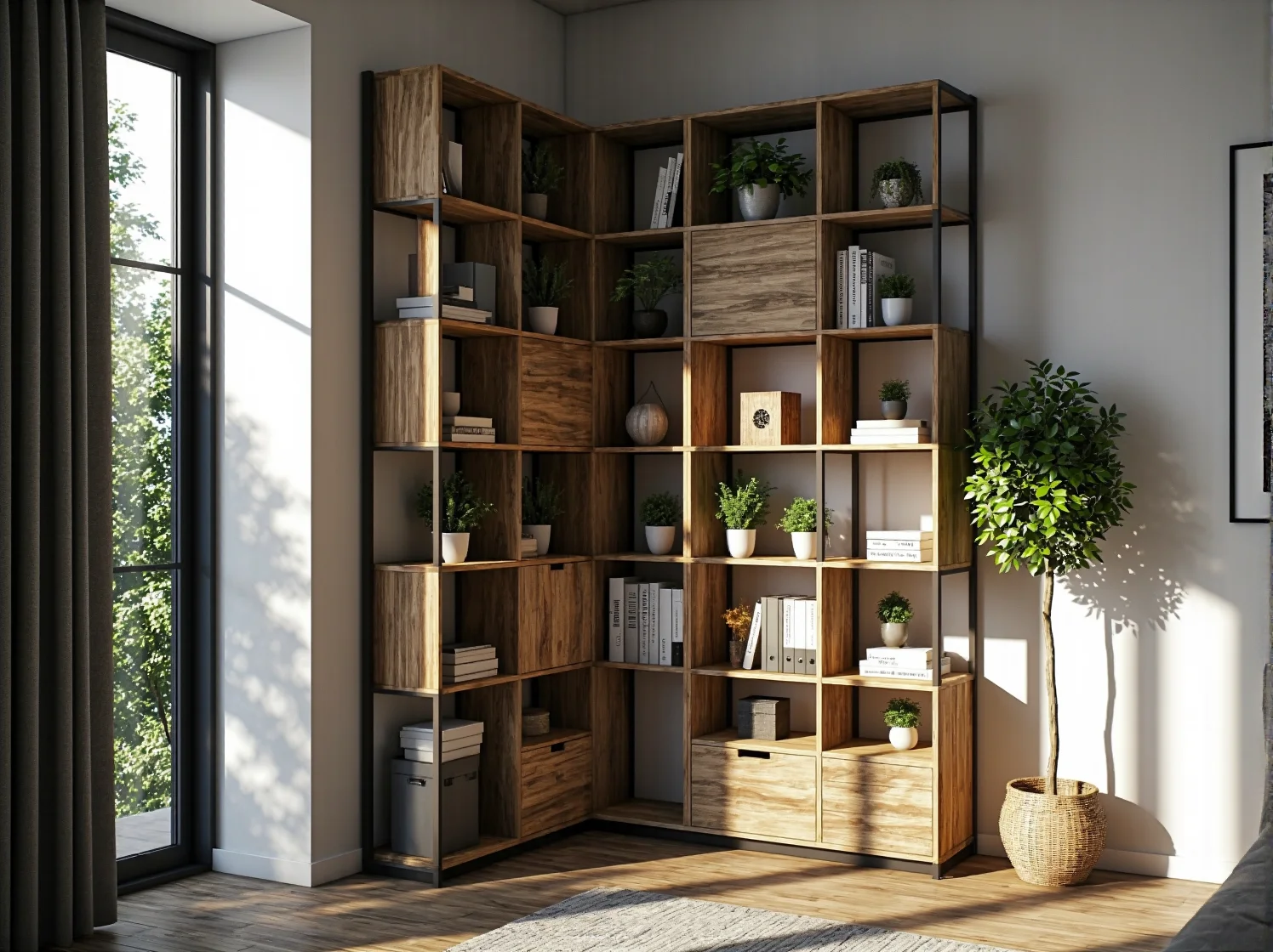 Białe półki modułowe zamontowane na ścianie w małej sypialni, służące jako funkcjonalna biblioteczka.