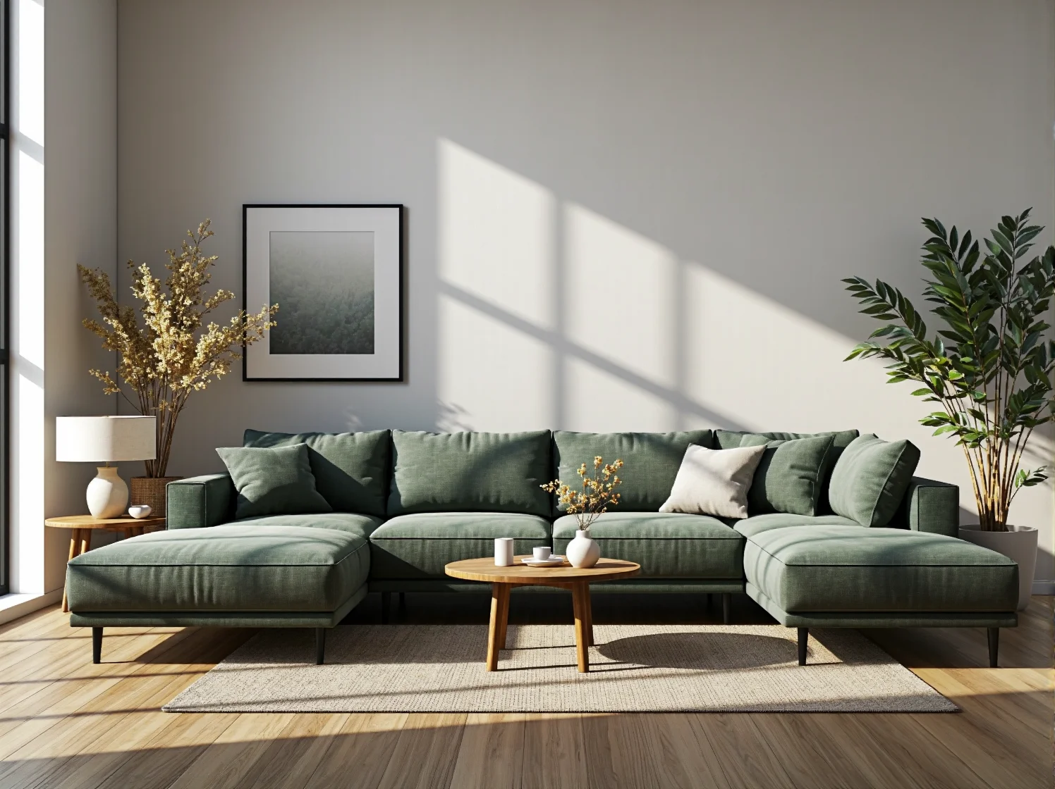 Minimalistyczna aranżacja salonu z jasną kanapą narożną w stylu skandynawskim