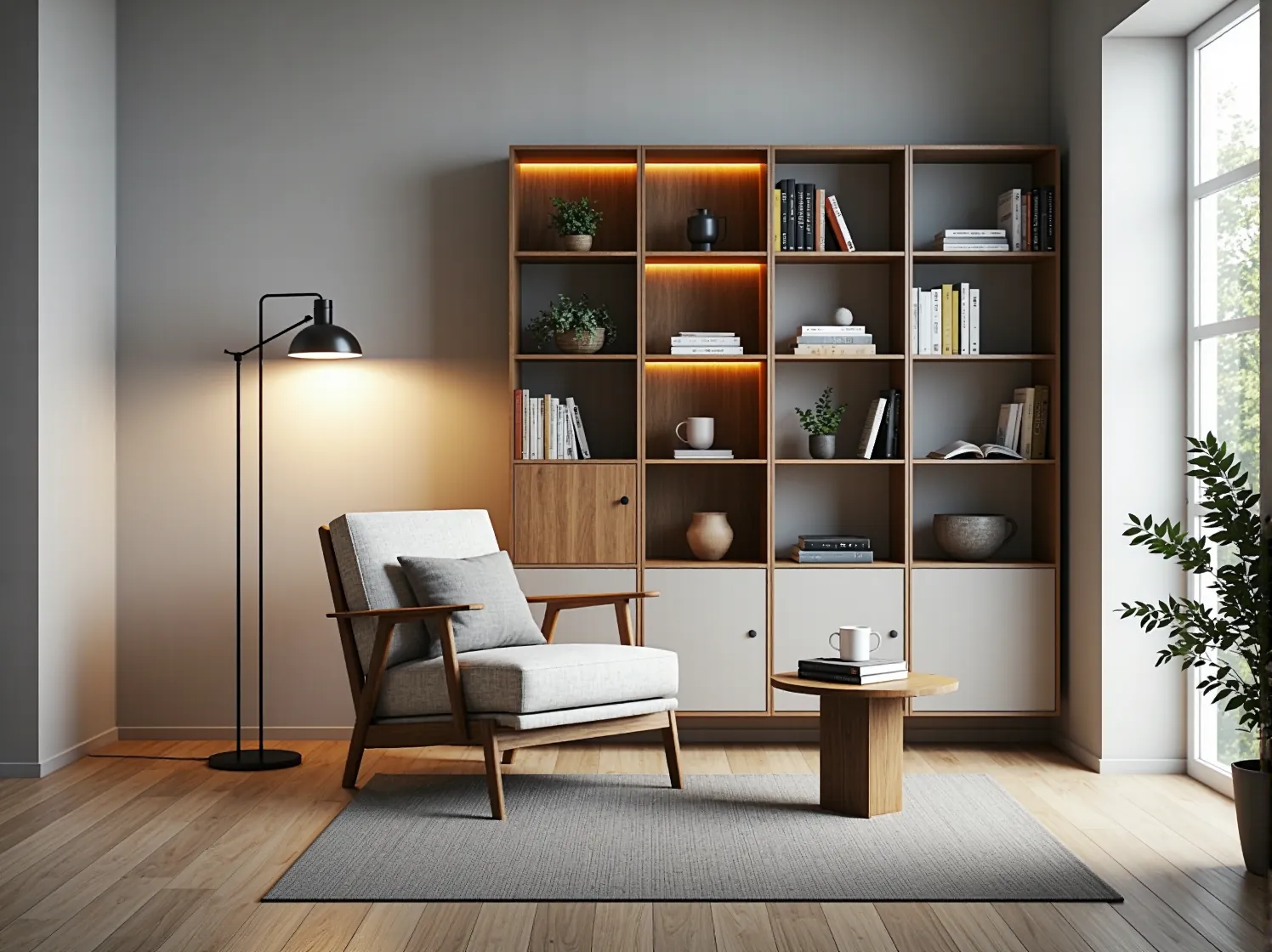 Aranżacja małego salonu, gdzie biały regał premium stanowi centralny punkt i miejsce do przechowywania.