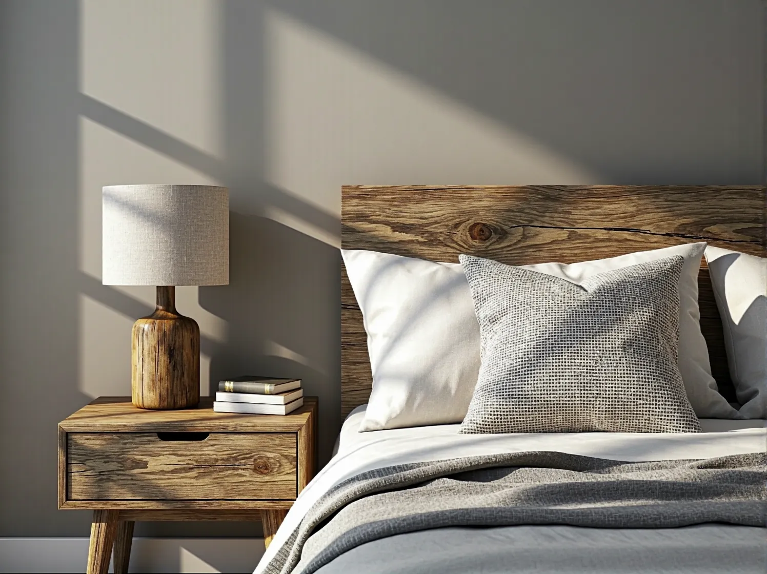 Przytulna sypialnia z drewnianym łóżkiem rustykalnym i metalowymi akcentami w aranżacji.