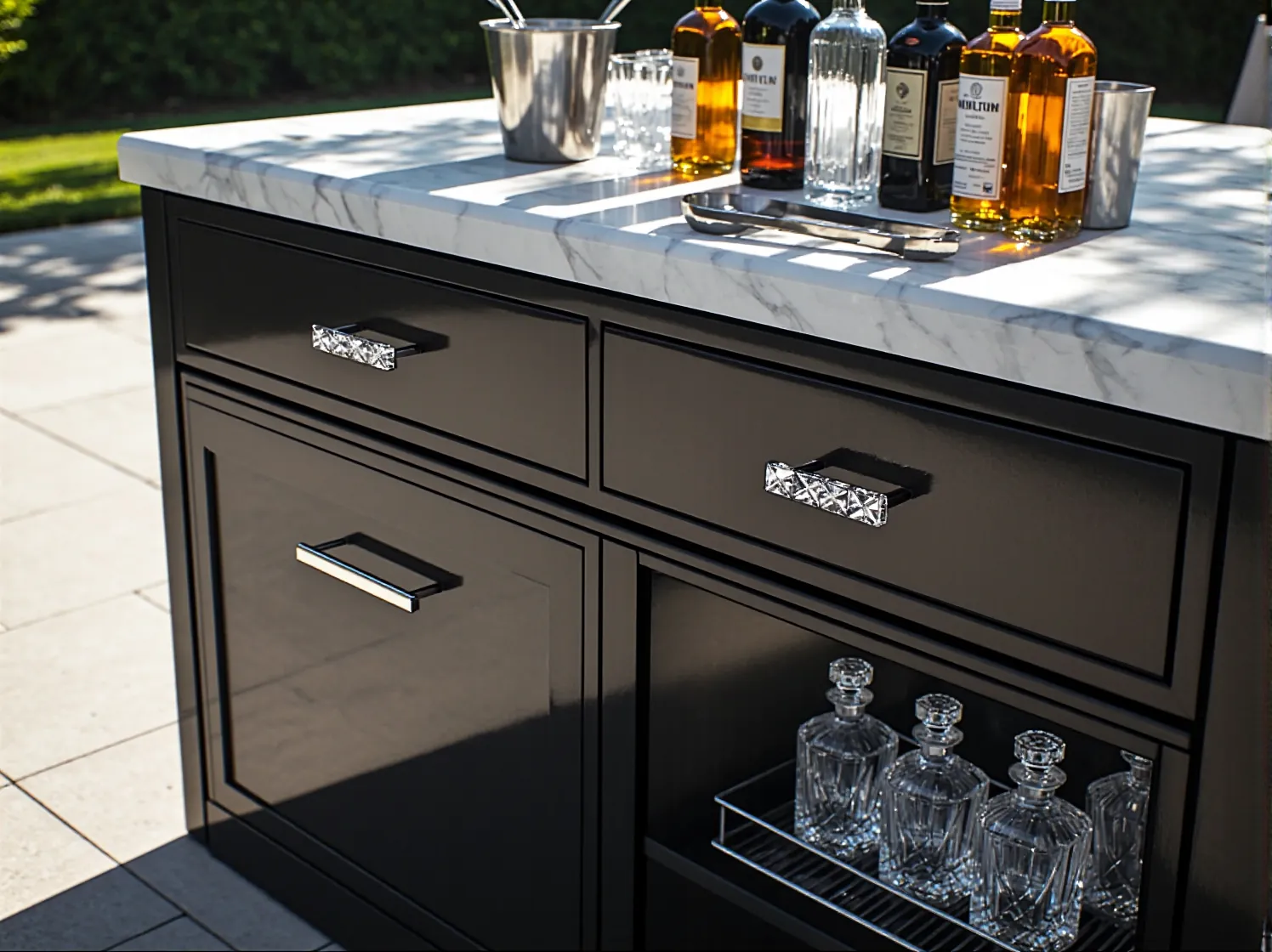 Nowoczesna aranżacja tarasu z blaskiem kryształów i luksusowymi dodatkami w stylu glamour.