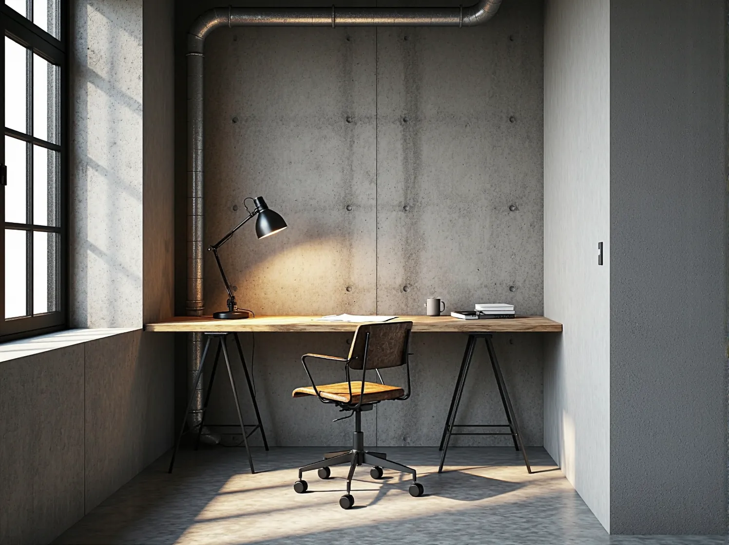 Betonowy stolik pomocniczy w nowoczesnym wnętrzu industrialnym.