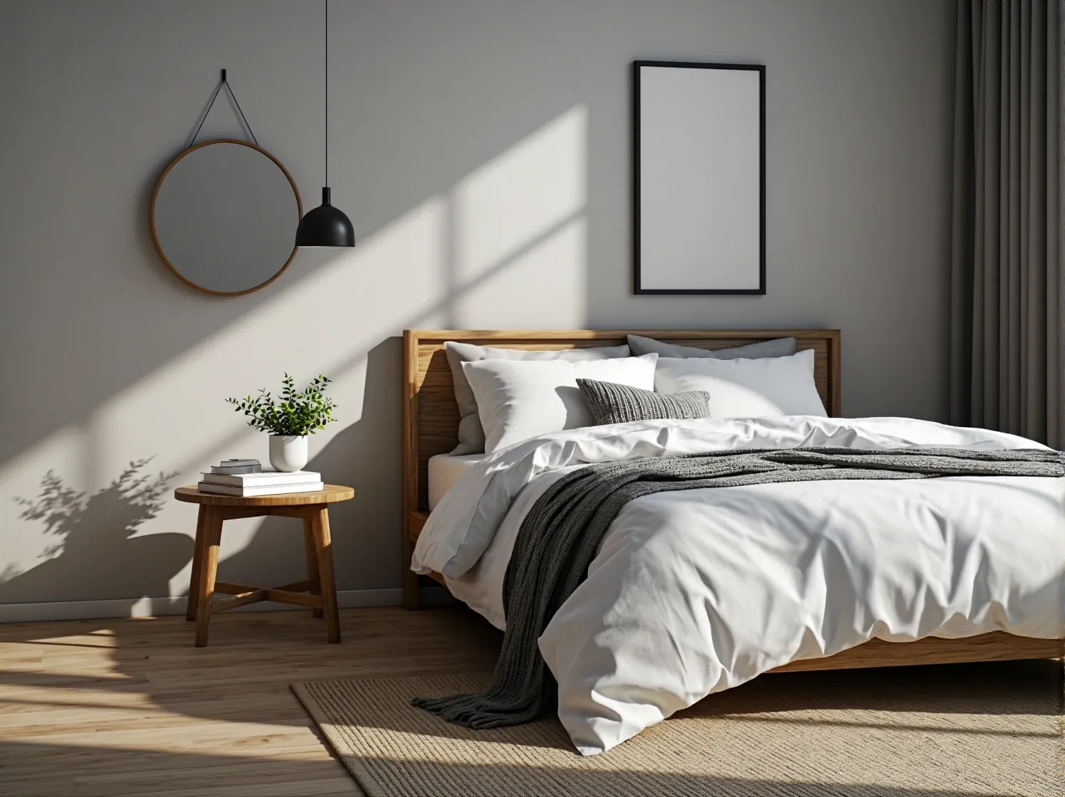 Minimalistyczne, białe łóżko drewniane w stylu skandynawskim, stojące na tle szarej ściany.