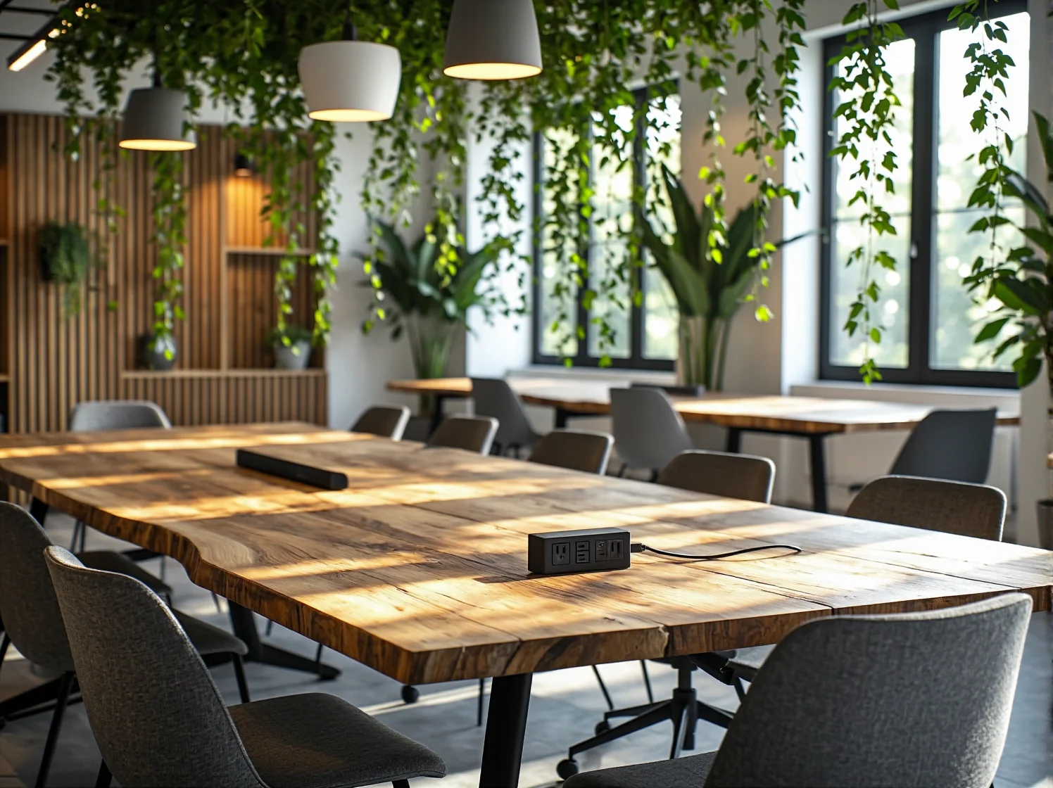 Aranżacja biura coworkingowego z dużą ilością roślin doniczkowych i naturalnego światła, trend biofilia 2025.