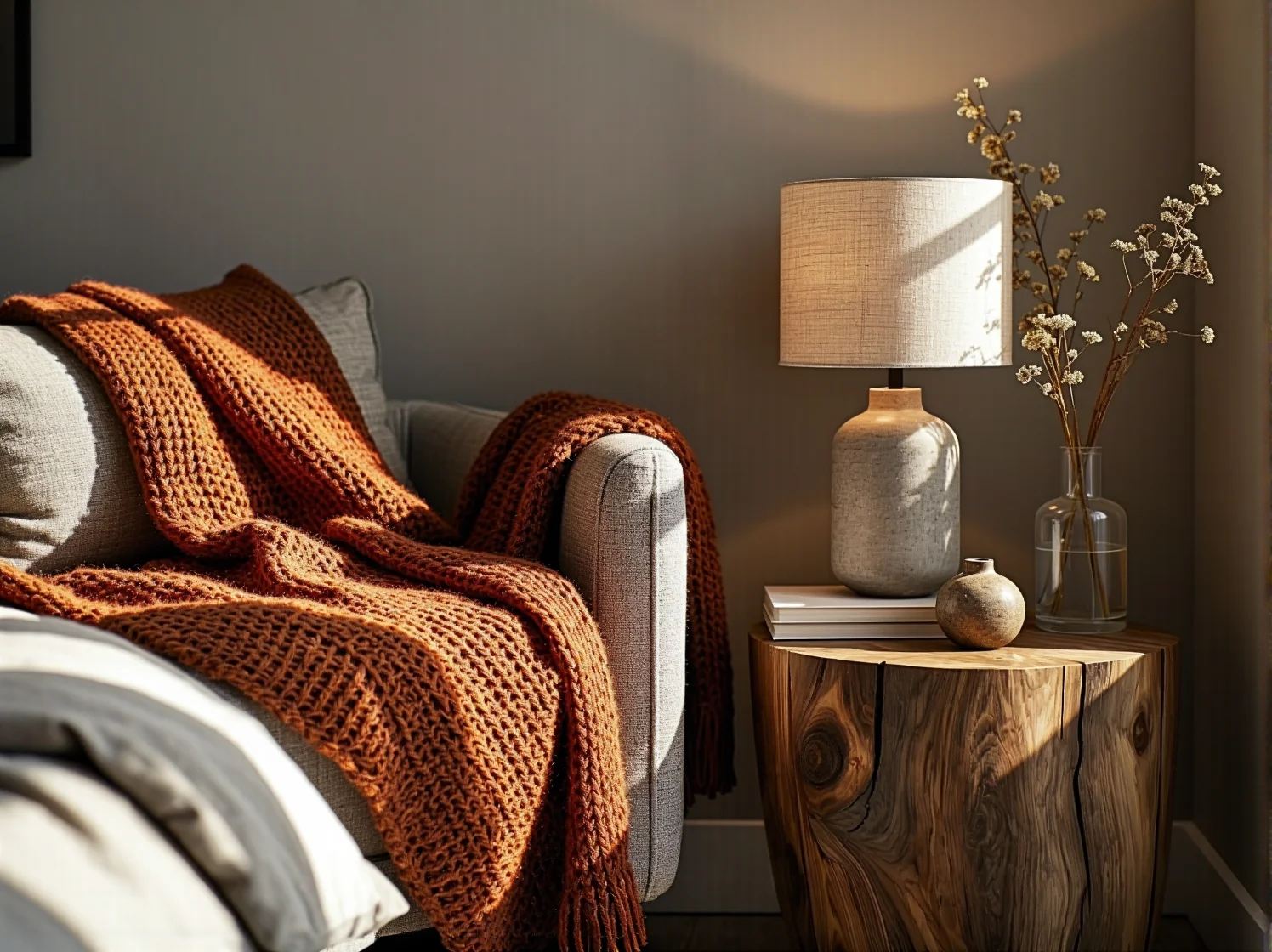 Przytulna sypialnia, gdzie dominują brązy i beże. Kolory ziemi tworzą atmosferę sprzyjającą relaksowi i odpoczynkowi.