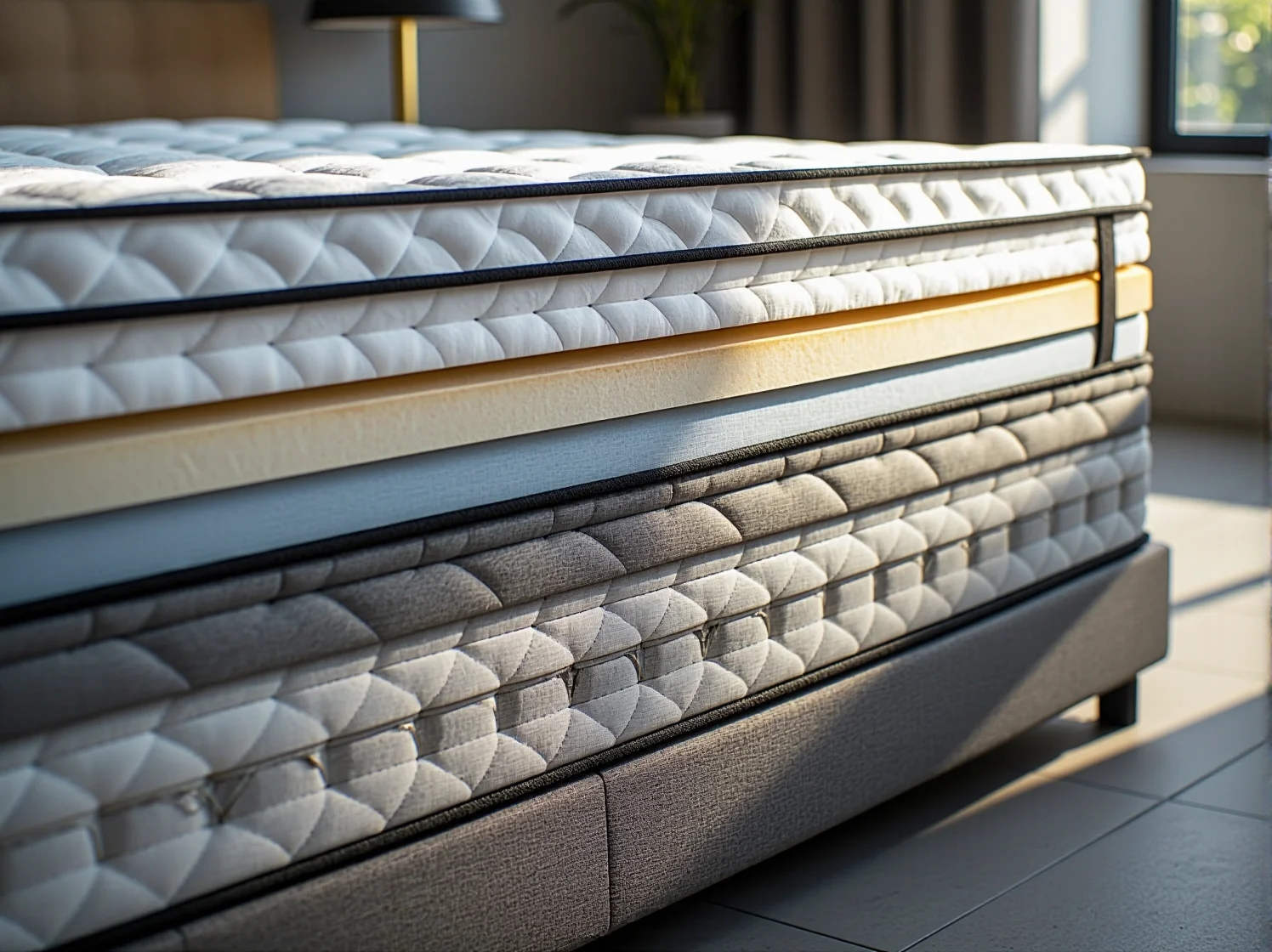 Przekrój materaca hybrydowego pokazujący ułożenie sprężyn kieszeniowych pod warstwą pianki.