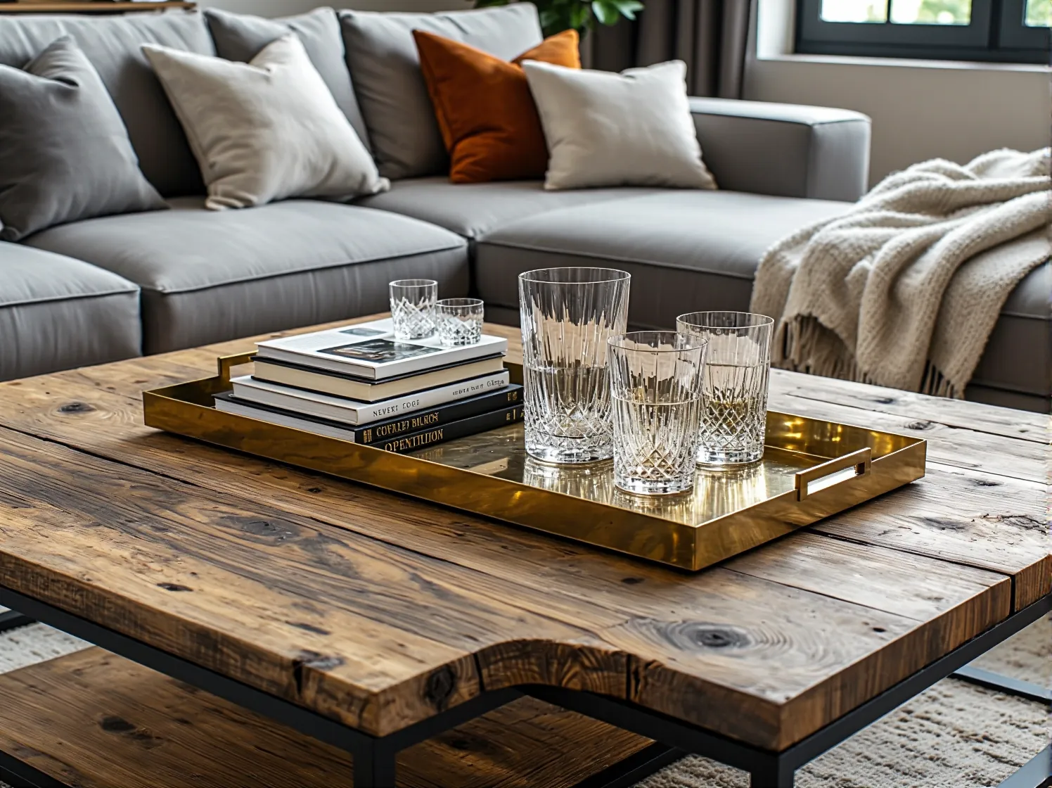 Aranżacja salonu rustykalnego, gdzie na ceglanej ścianie wisi eleganckie lustro w złotej, zdobionej ramie.