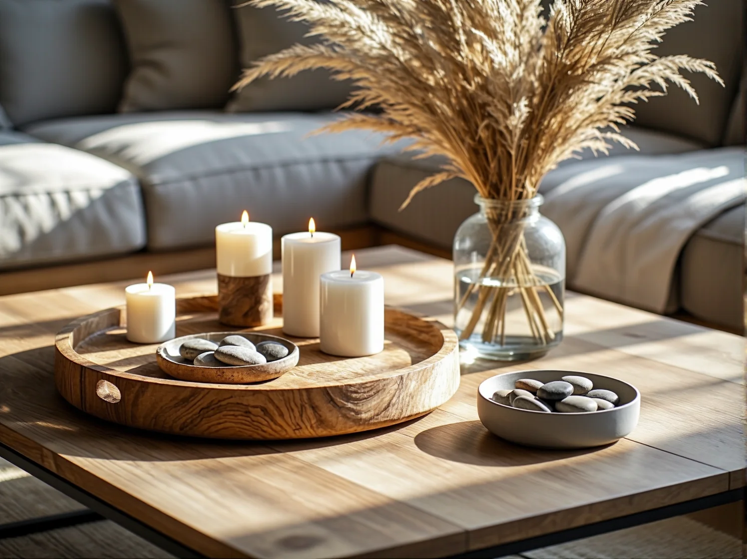 Ręcznie robiona ceramika jako dekoracja salonu. Beżowe i białe wazony na tle jasnej, neutralnej ściany.