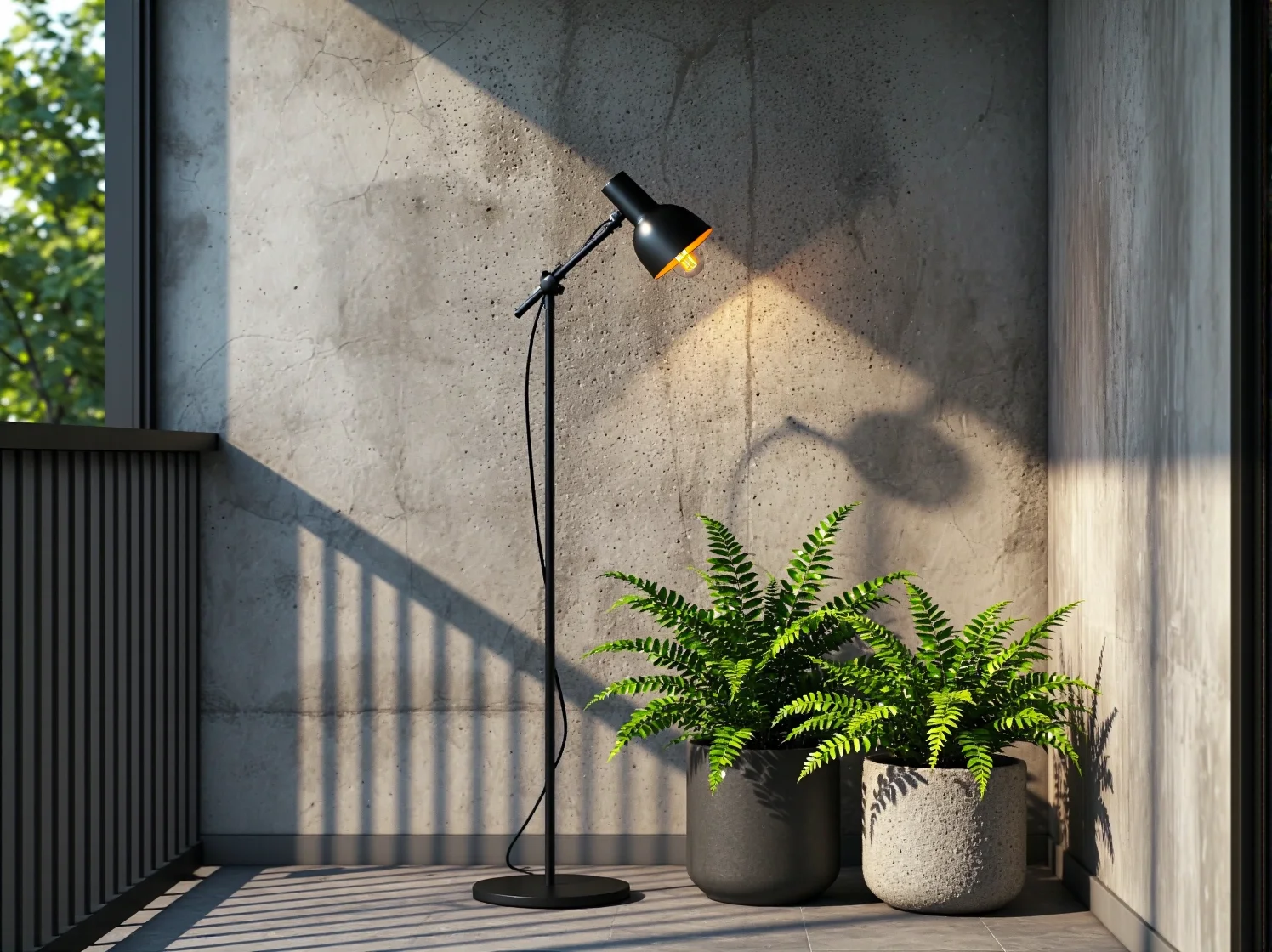 Metalowe krzesła i stolik na balkonie industrialnym. Czarne dodatki podkreślają surowy charakter przestrzeni.