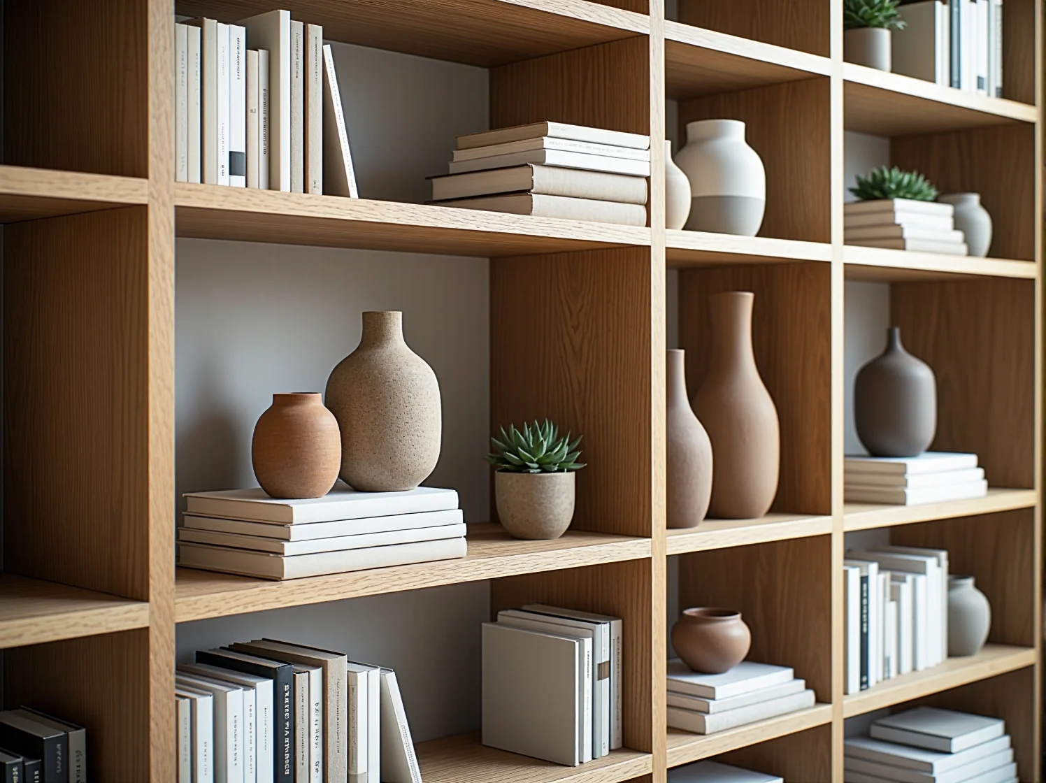 Zbliżenie na detal regału premium w salonie. Widoczna faktura naturalnego drewna i starannie dobrane dodatki w stylu scandi.