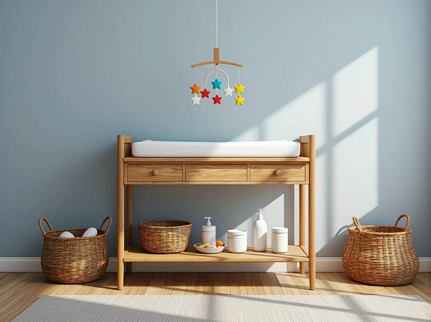 Zbliżenie na dekoracje w pokoju niemowlaka: drewniane zabawki i girlanda na ścianie.