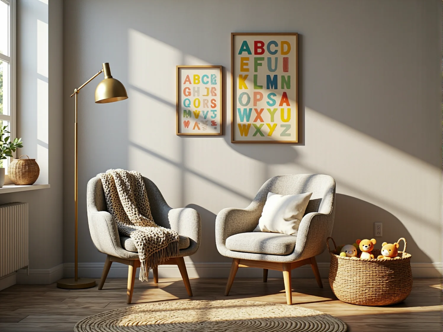 Klasyczne zabawki retro i wiklinowy kosz na zabawki w stylowym pokoju dla dziecka.