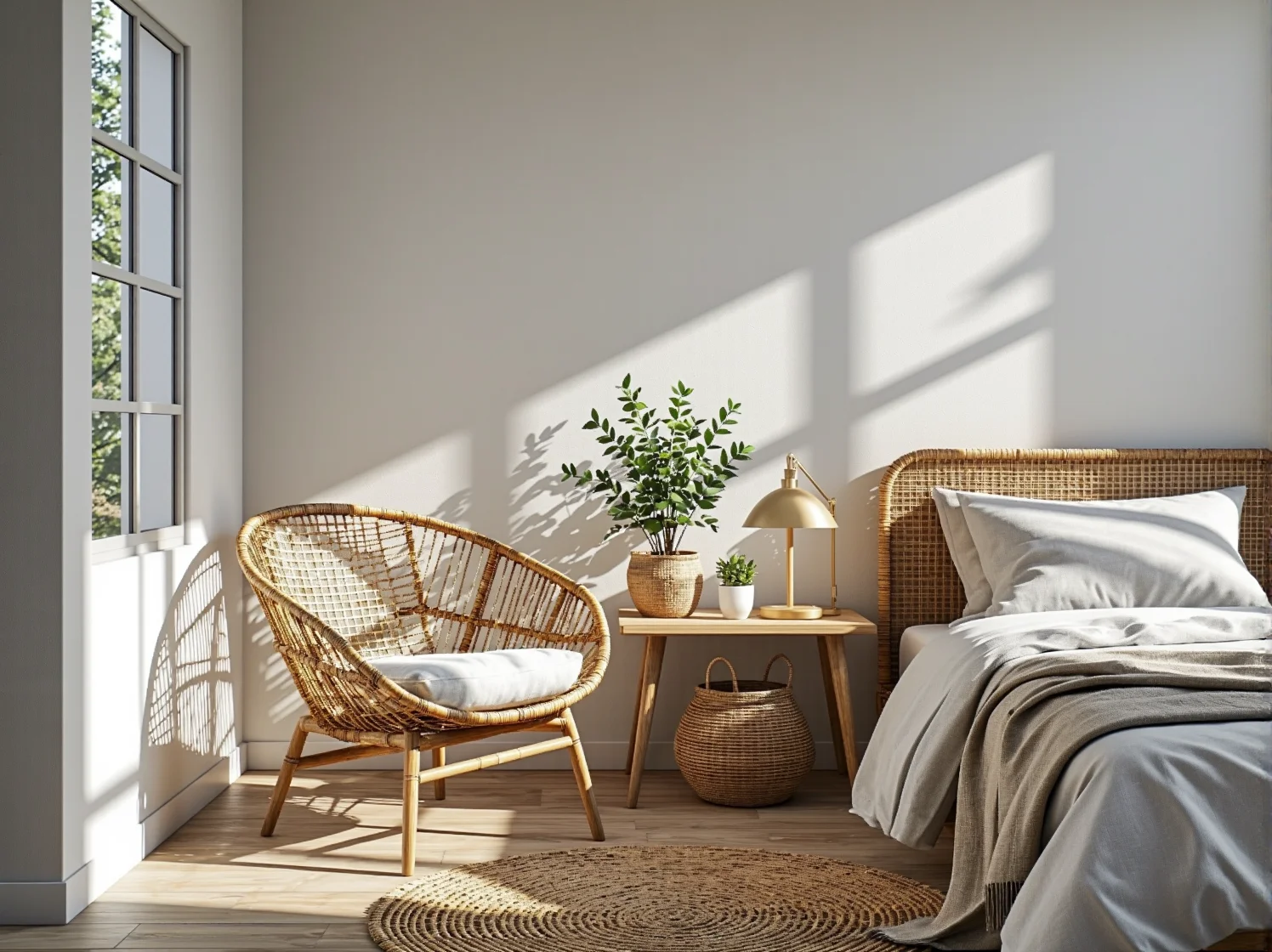 Designerskie krzesła ogrodowe przy stole w jadalni urządzonej w duchu nowoczesnego minimalizmu.