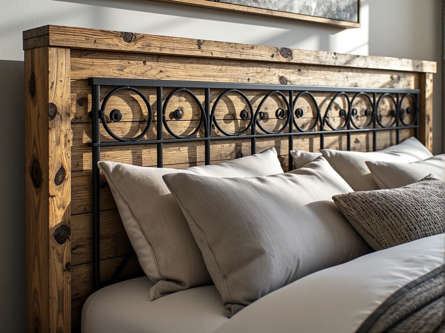 Zbliżenie na kunsztowne, czarne metalowe wykończenia wezgłowia łóżka w stylu rustykalnym.