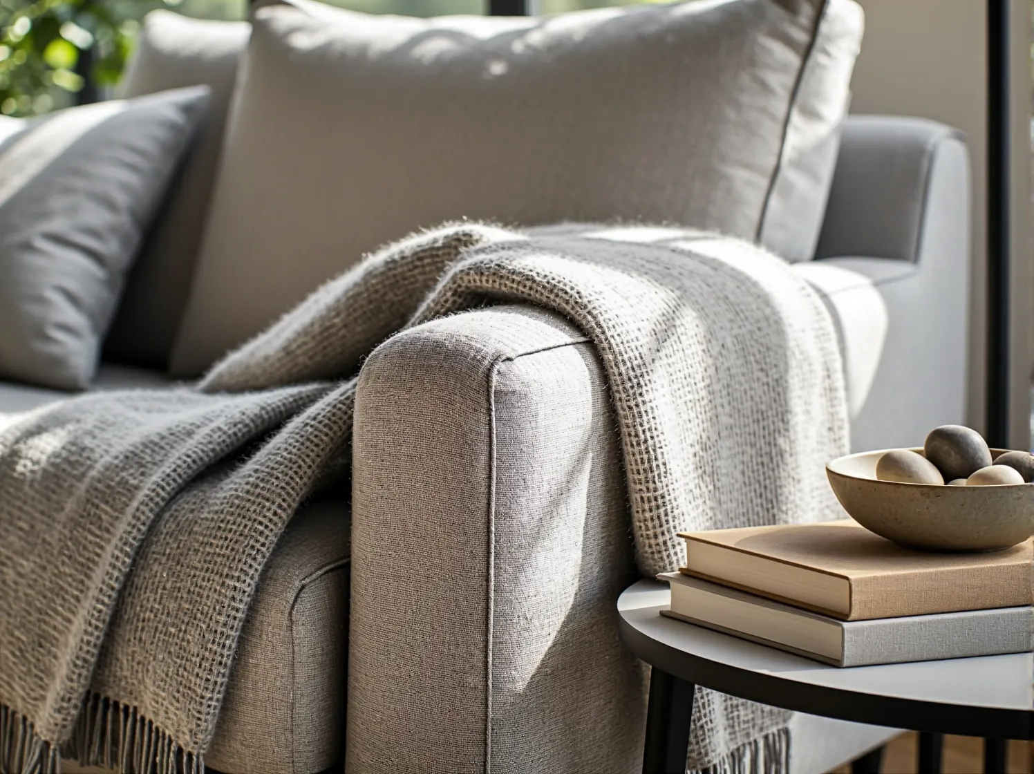 Zbliżenie na drewniane akcesoria w salonie: stolik kawowy z recyklingu i dekoracyjna, drewniana taca.