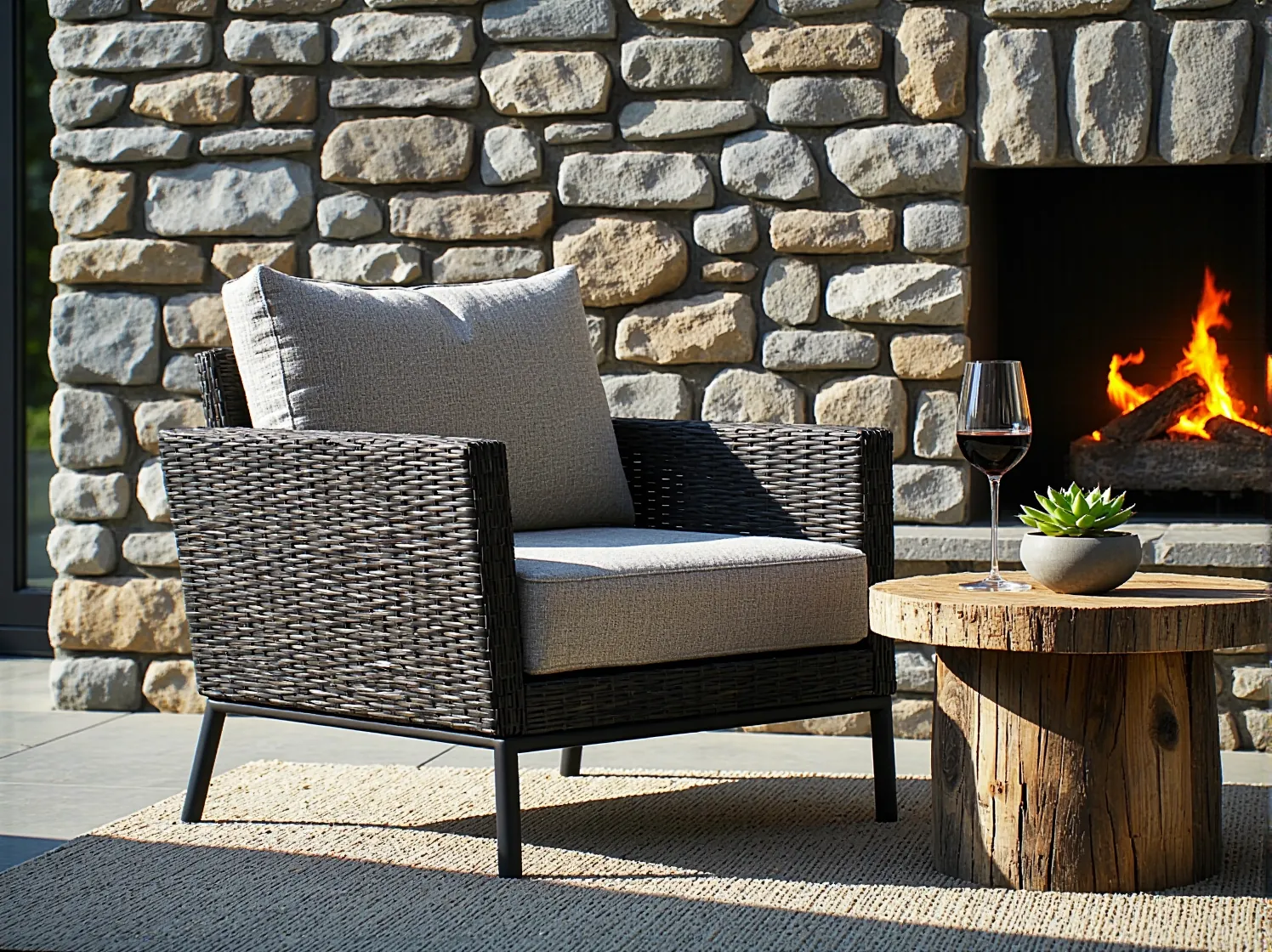 Drewniane meble ogrodowe ustawione wokół nowoczesnego kominka w ogrodzie.