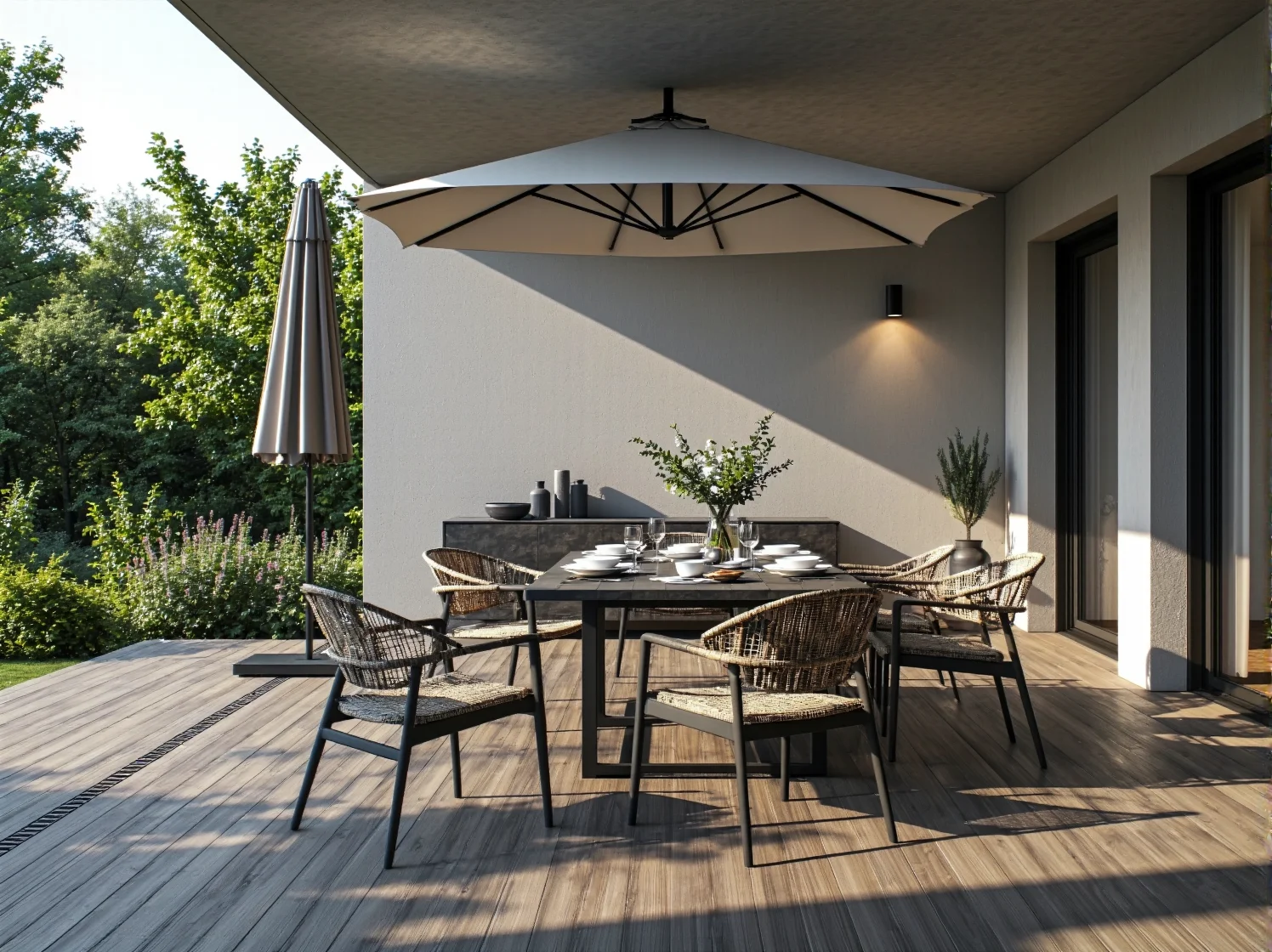 Drewniany stół i krzesła na tarasie w otoczeniu zieleni. Idealny komplet mebli ogrodowych do spożywania posiłków.