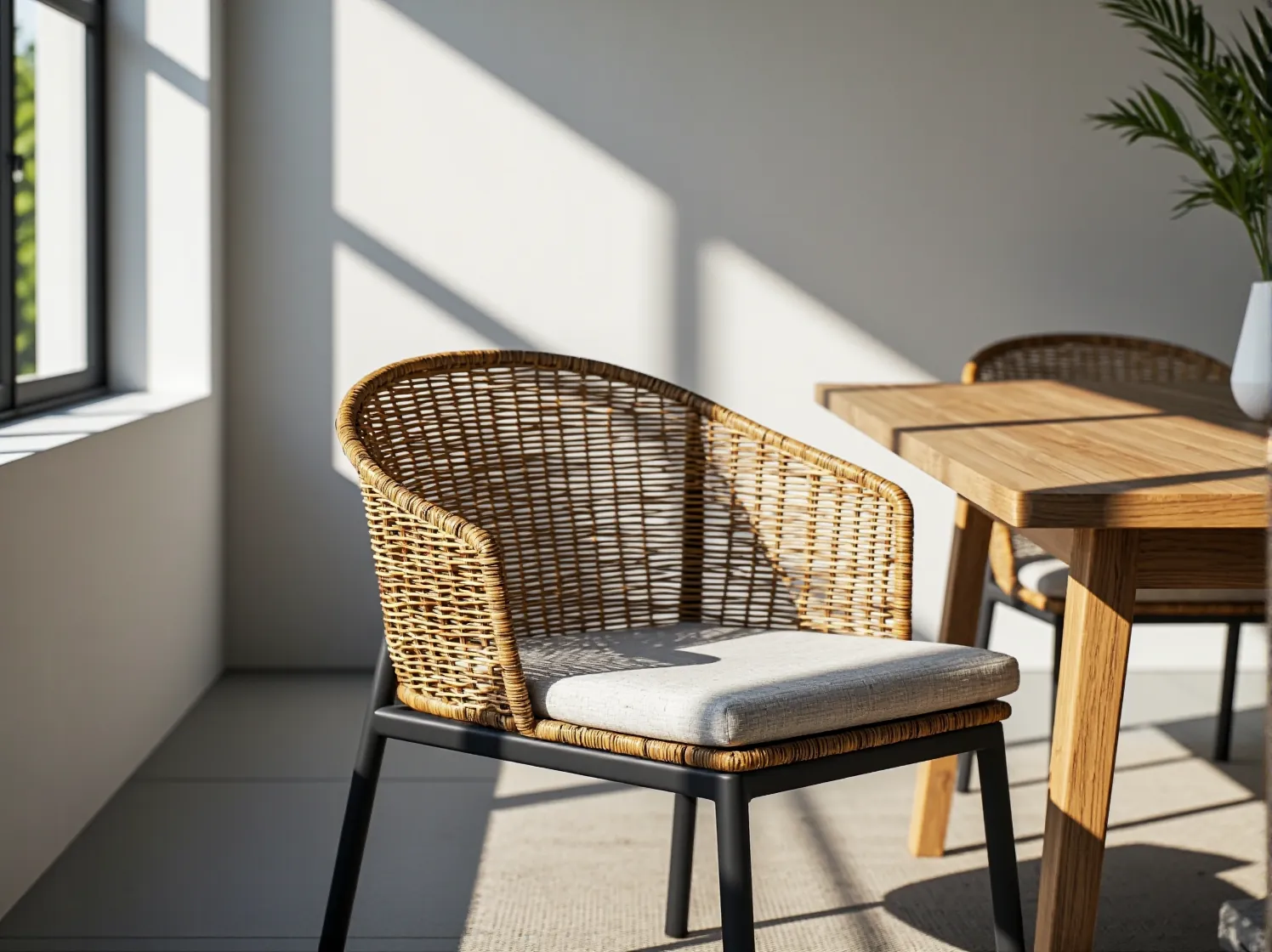 Detal mebli tarasowych z naturalnego drewna idealnie pasujących do surowego, minimalistycznego stylu.