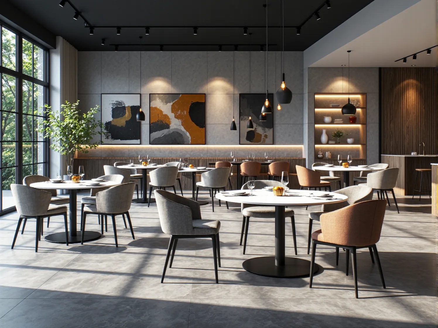 Eleganckie dębowe stoły restauracyjne podkreślające naturalny i przytulny charakter wnętrza.