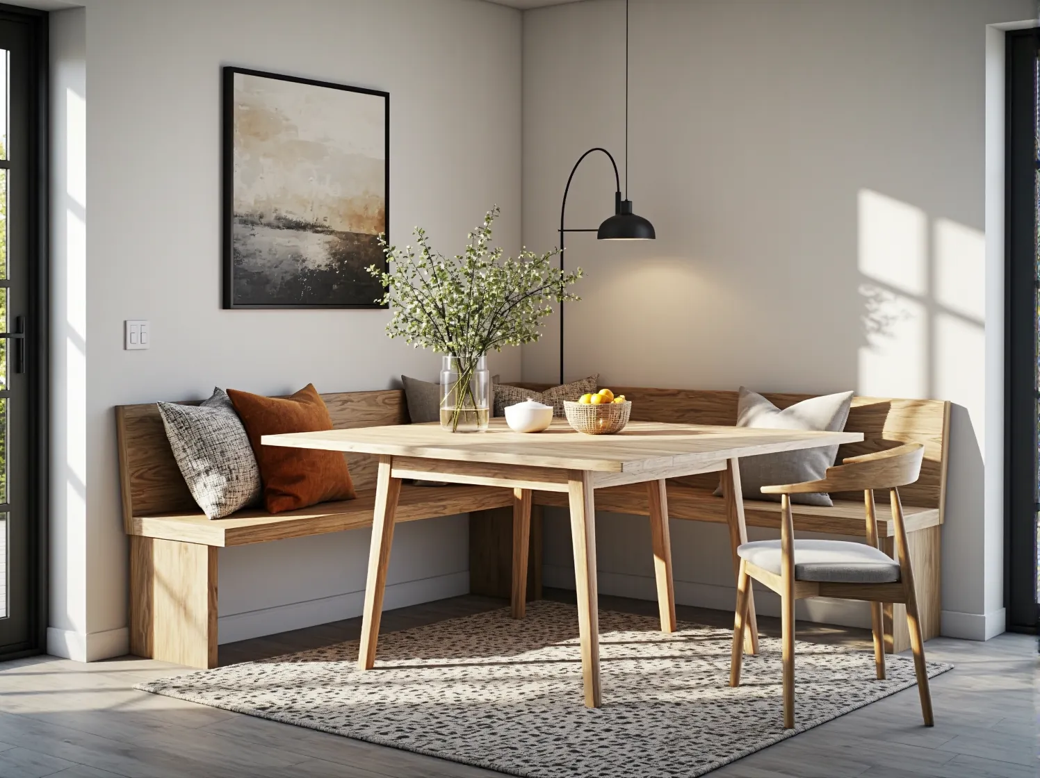 Funkcjonalny stół skandynawski z krzesłami, dopasowany rozmiarem do przestronnej jadalni.
