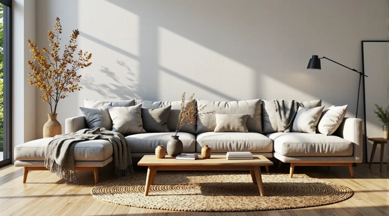 Skandynawska sofa narożna jasnoszara na drewnianych nóżkach z poduszkami