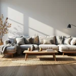 Skandynawska sofa narożna jasnoszara na drewnianych nóżkach z poduszkami