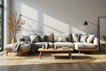 Skandynawska sofa narożna jasnoszara na drewnianych nóżkach z poduszkami