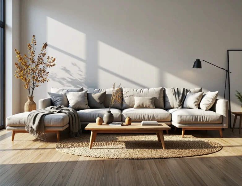 Skandynawska sofa narożna jasnoszara na drewnianych nóżkach z poduszkami