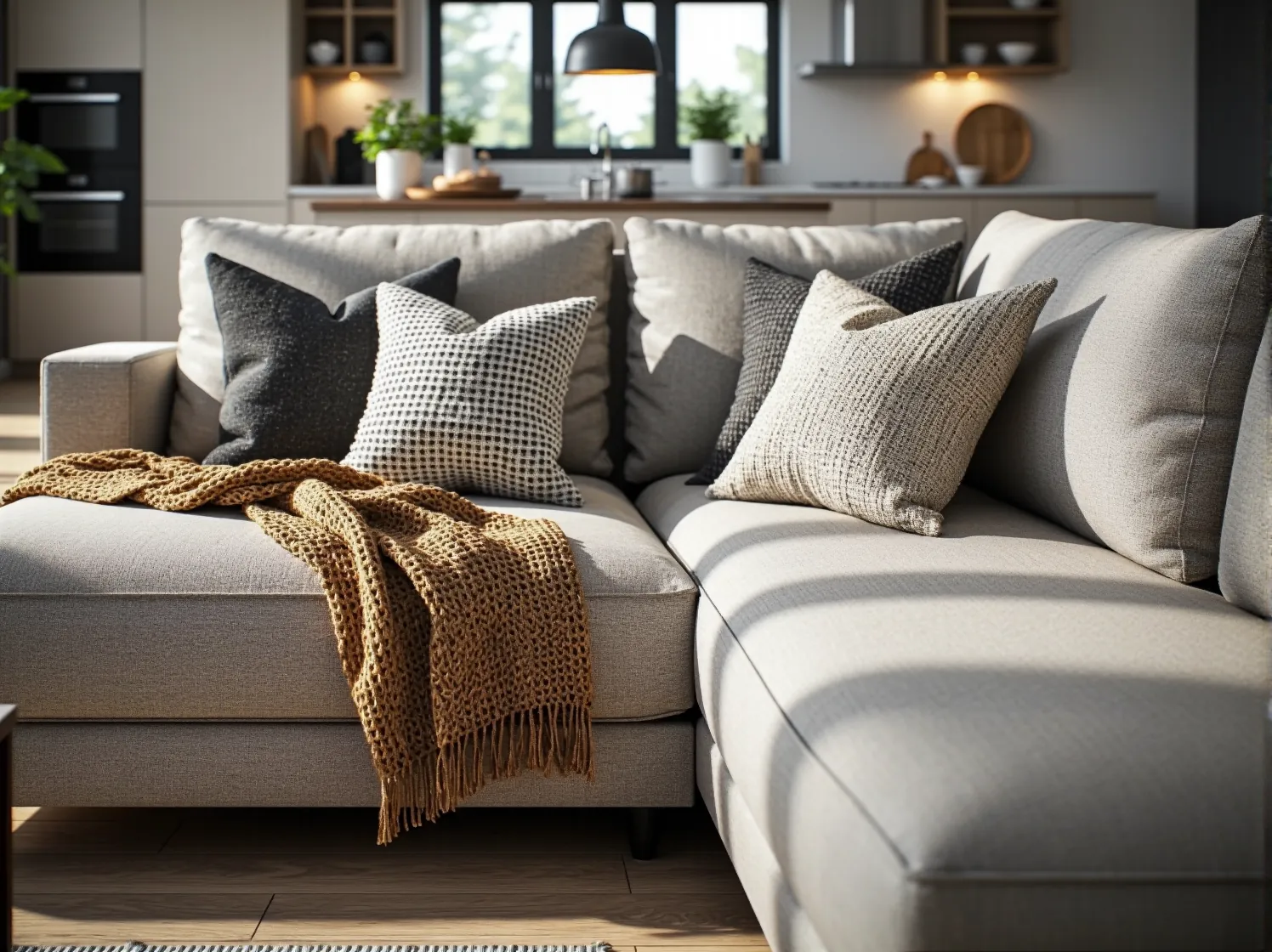 Aranżacja salonu z kuchnią i wygodnym narożnikiem w kształcie litery U, który oddziela strefę relaksu od jadalnianej.