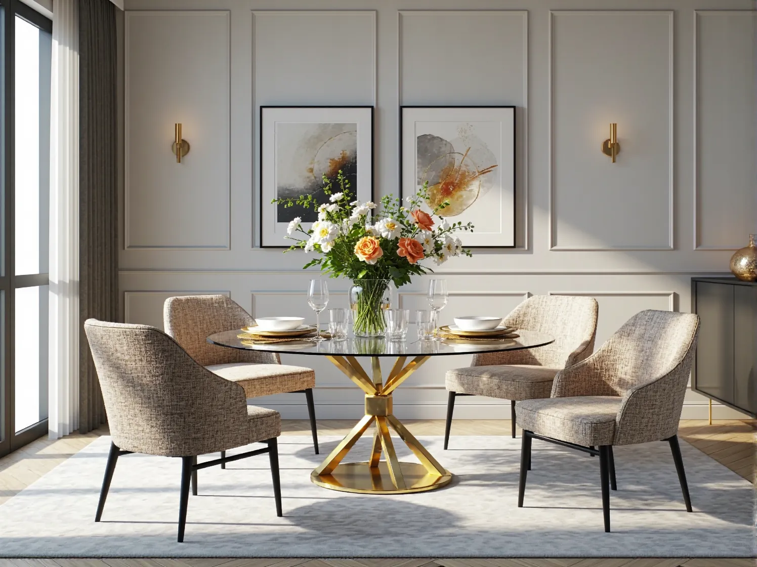 Gra świateł na ścianie w małym wnętrzu glamour. Odbijające się od kryształów światło tworzy efekt luksusu i głębi.