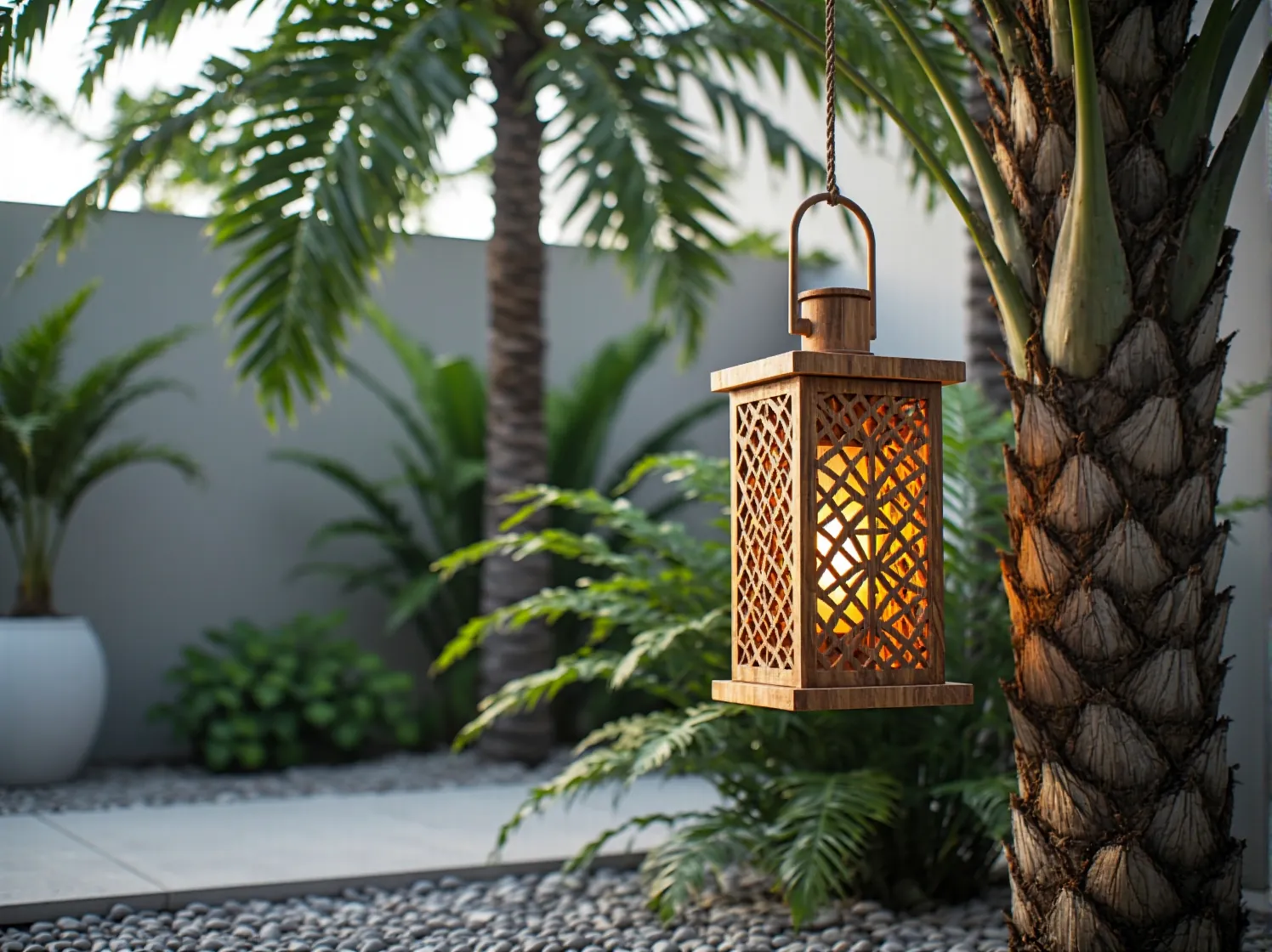 Egzotyczne rośliny w ogrodzie tropikalnym podświetlone punktowo lampami ogrodowymi LED.