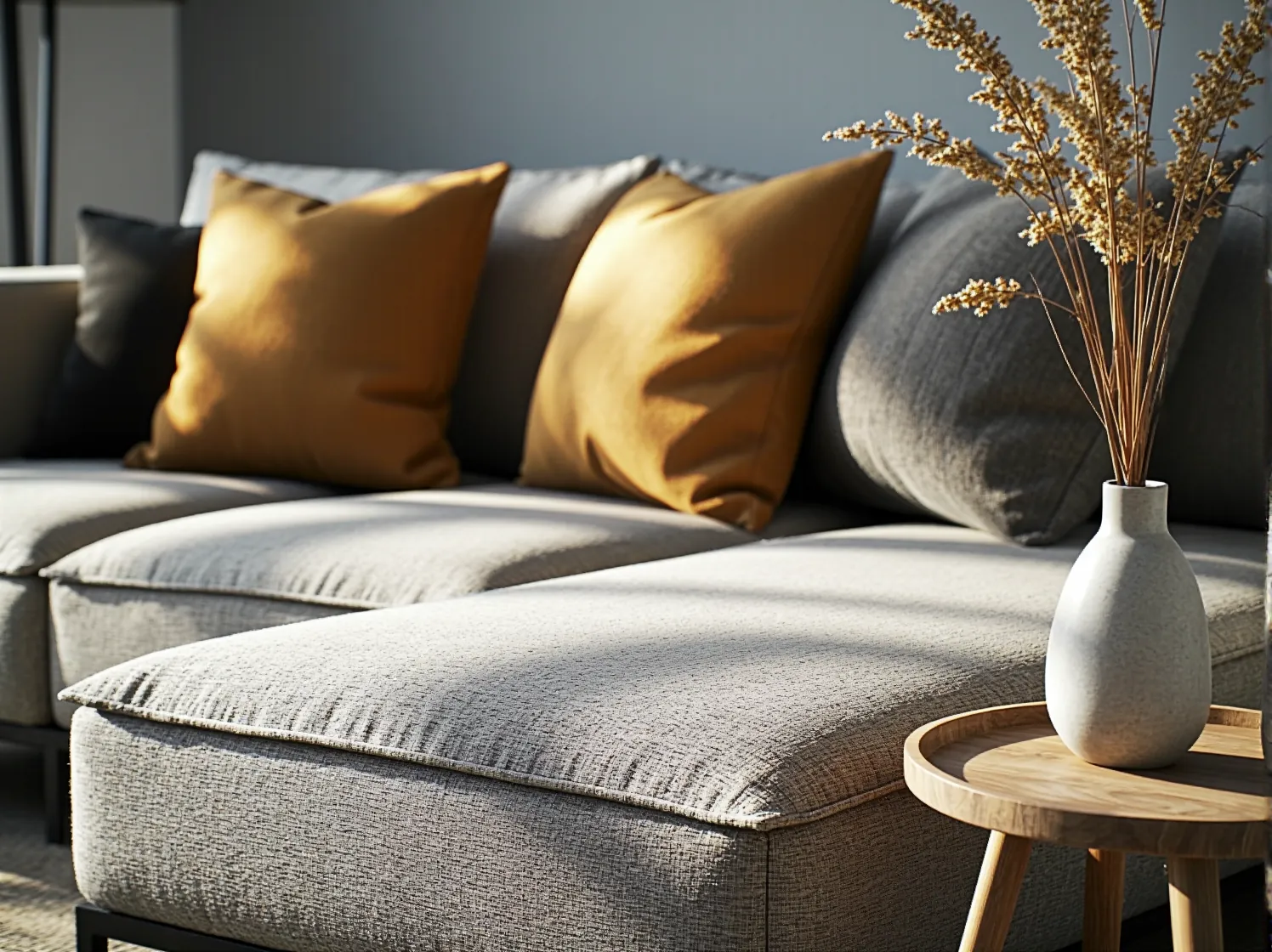 Zbliżenie na naturalną, ekologiczną tkaninę obiciową sofy modułowej w odcieniach szarości.