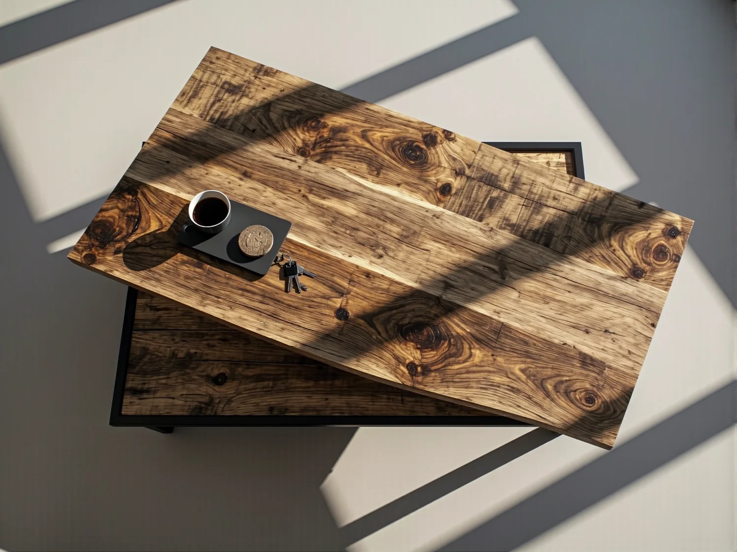 Zbliżenie na naturalną fakturę drewna ekologicznego stolika DIY