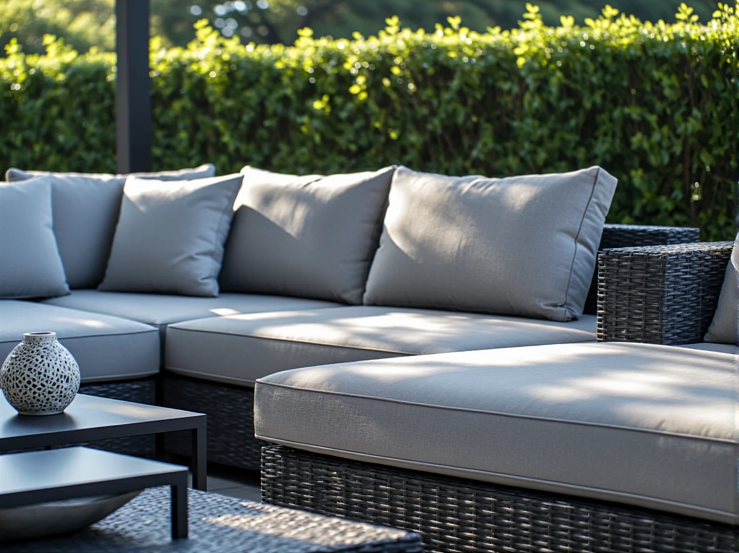 Aranżacja ogrodu z elastycznymi meblami modułowymi, które można dowolnie konfigurować.