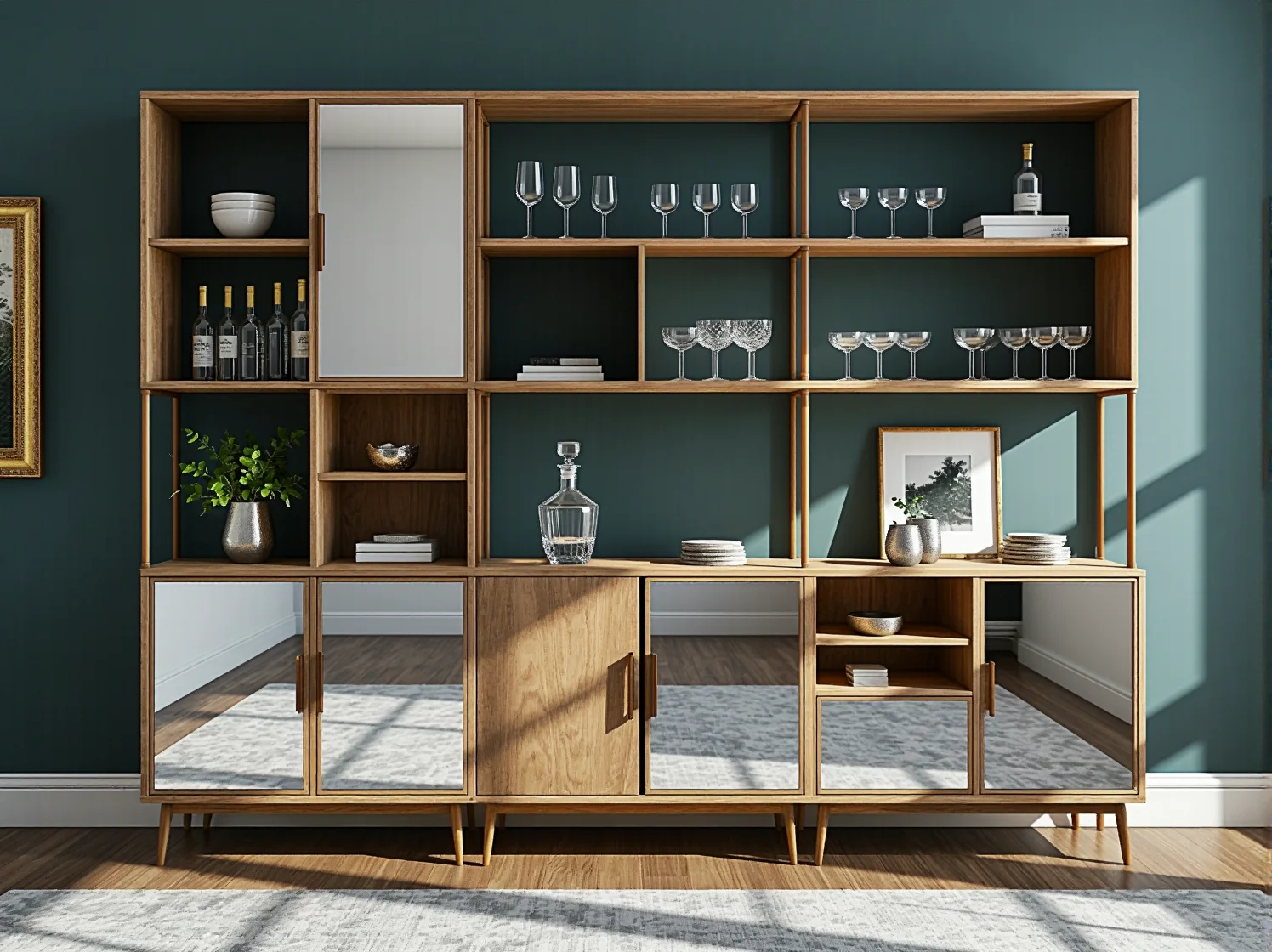 Aranżacja regału modułowego, który można elastycznie dopasować do indywidualnych potrzeb i wymiarów wnętrza glamour.