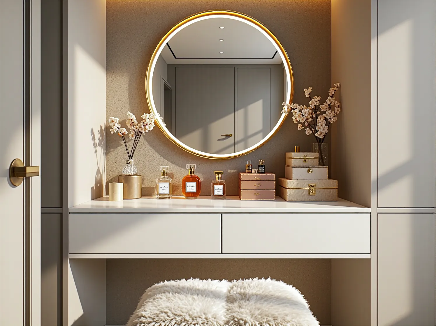 Złota lampa stołowa na lustrzanej konsoli. Eleganckie oświetlenie punktowe do małej, luksusowej przestrzeni w stylu glamour.