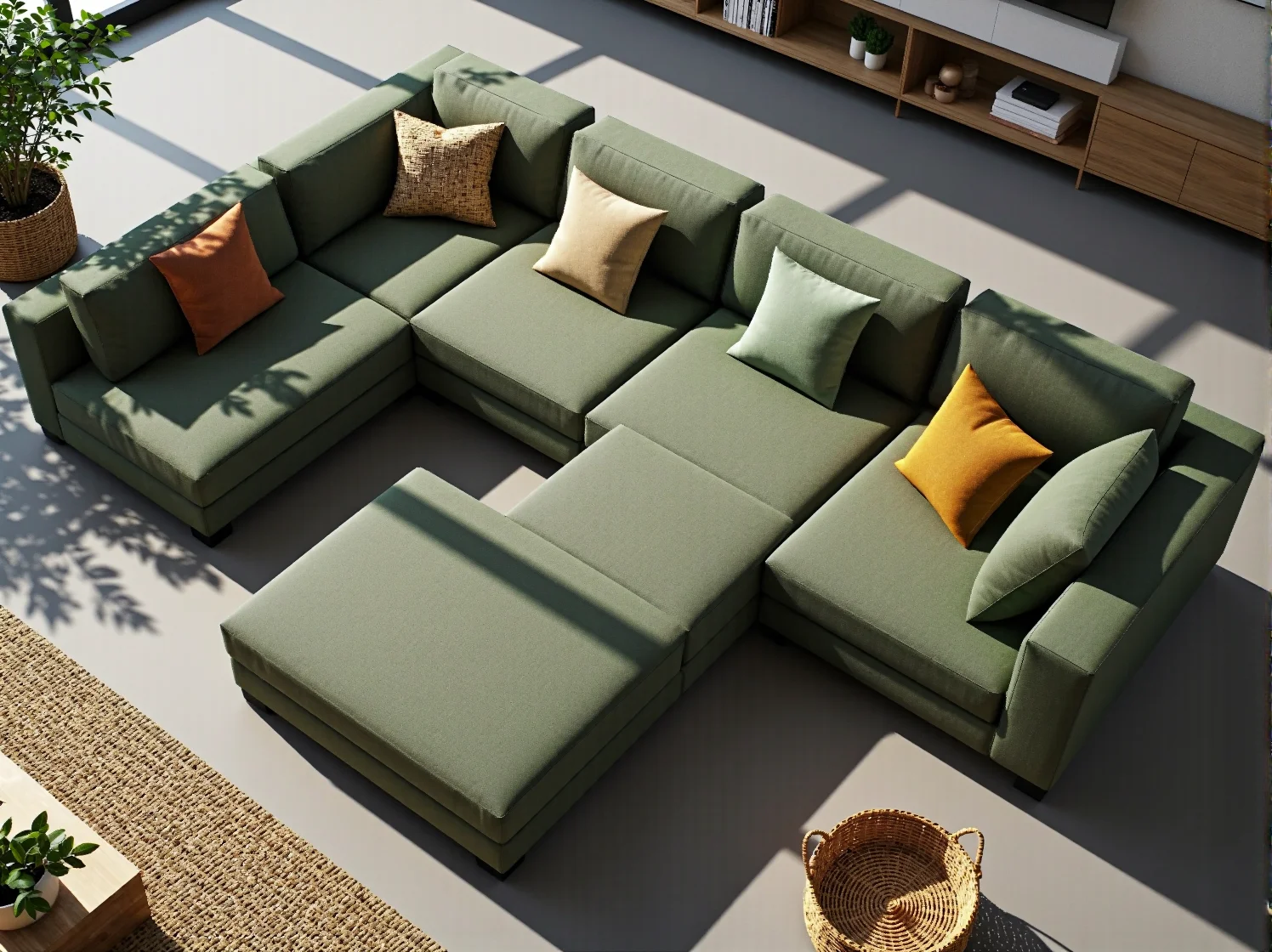 Proces rekonfiguracji segmentów sofy modułowej, podkreślający jej wszechstronność i funkcjonalność.